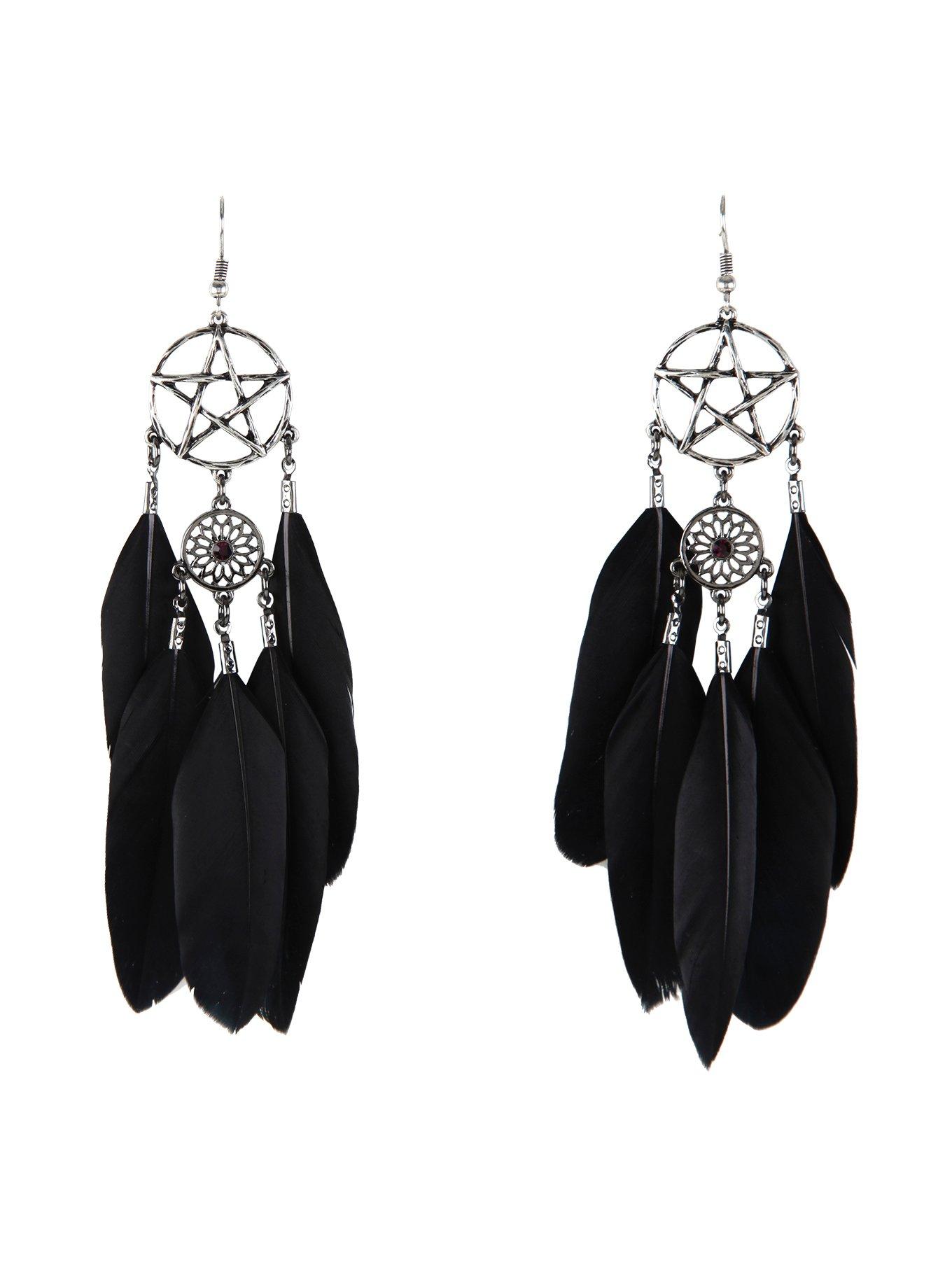 Blackheart Pentagram Dreamcatcher Drop Feather Earrings, , hi-res
