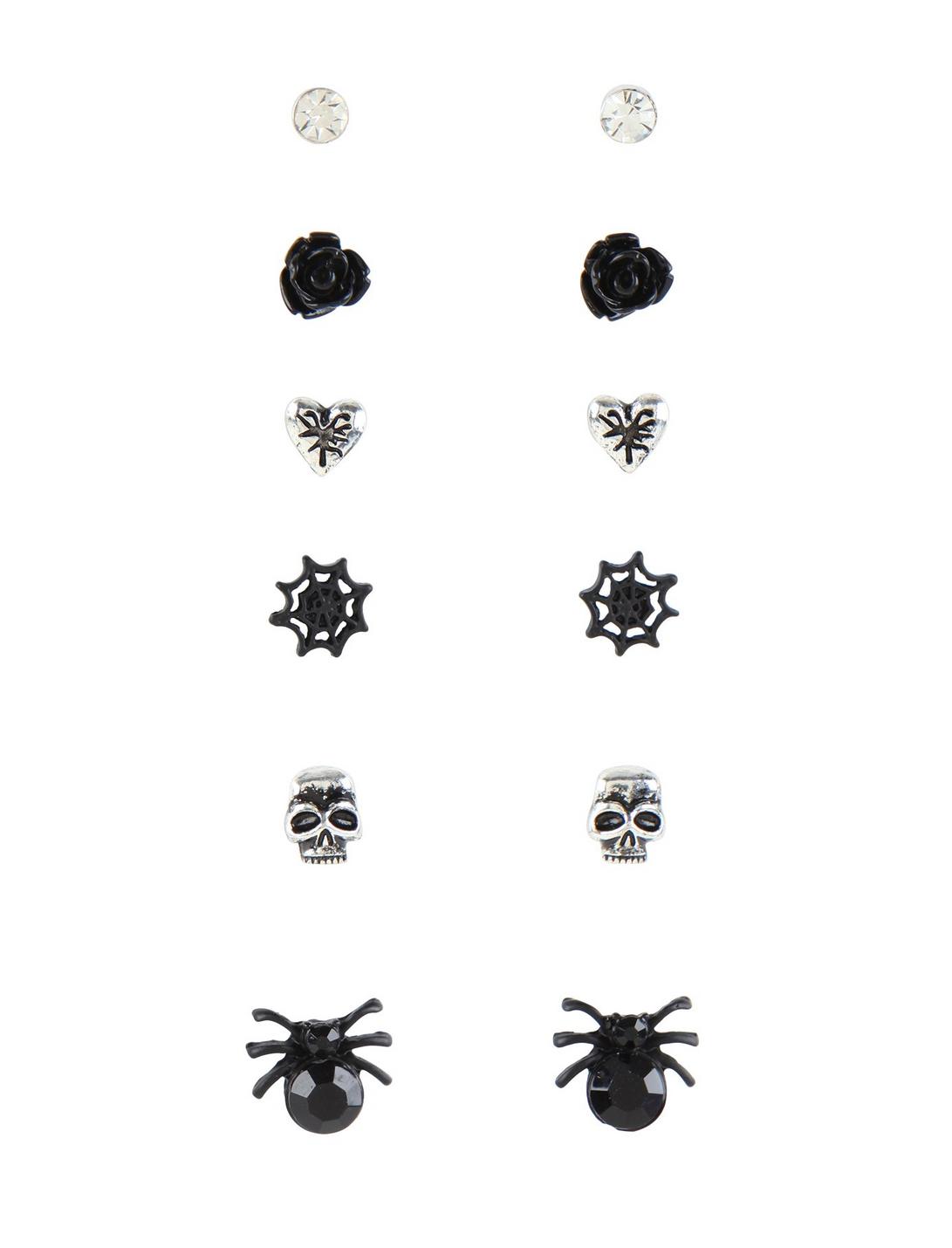 Black And Silver Spider Skull Stud Earring Set, , hi-res