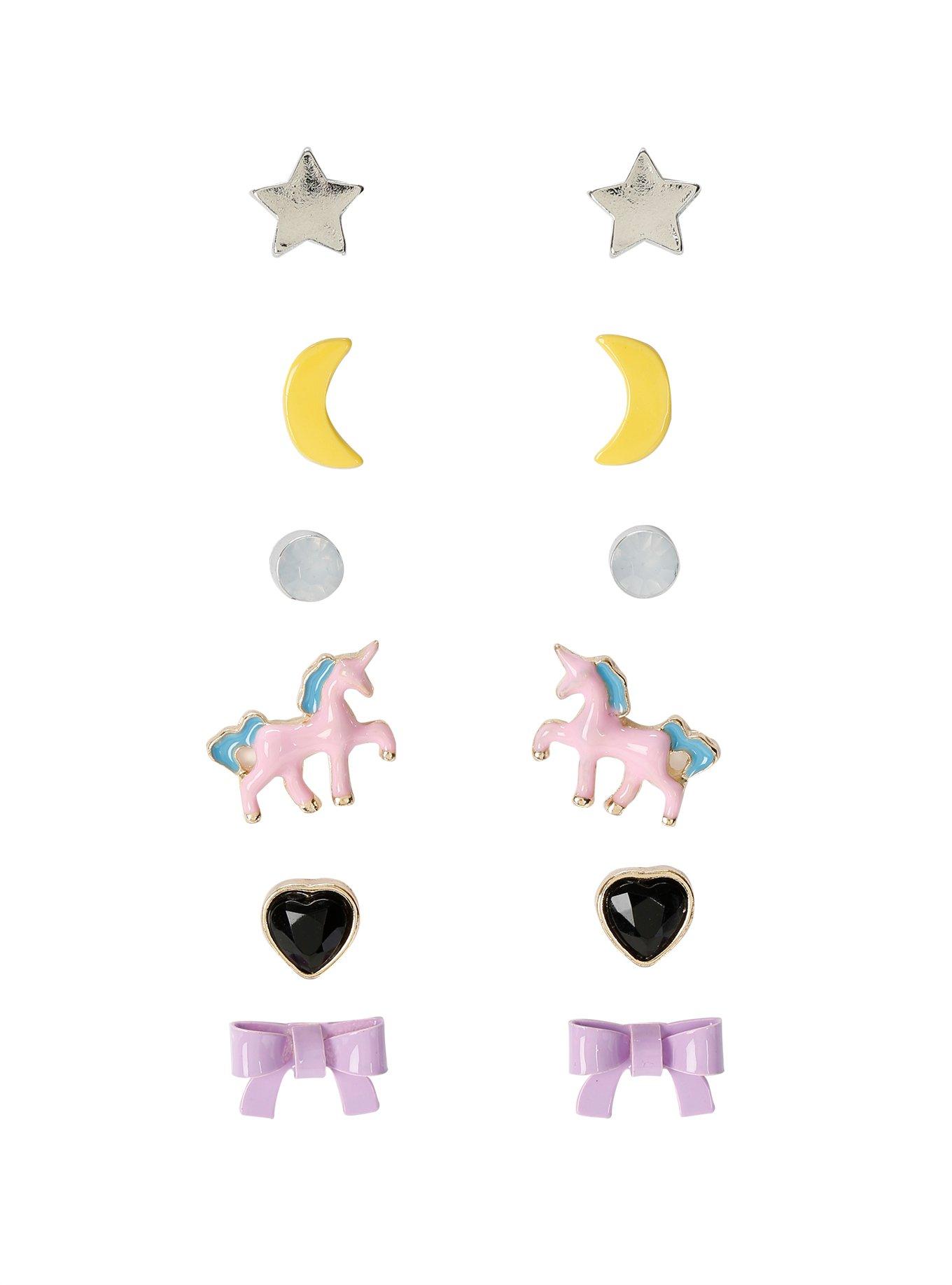 Pink Unicorn & Purple Bow Stud Earring Set, , hi-res
