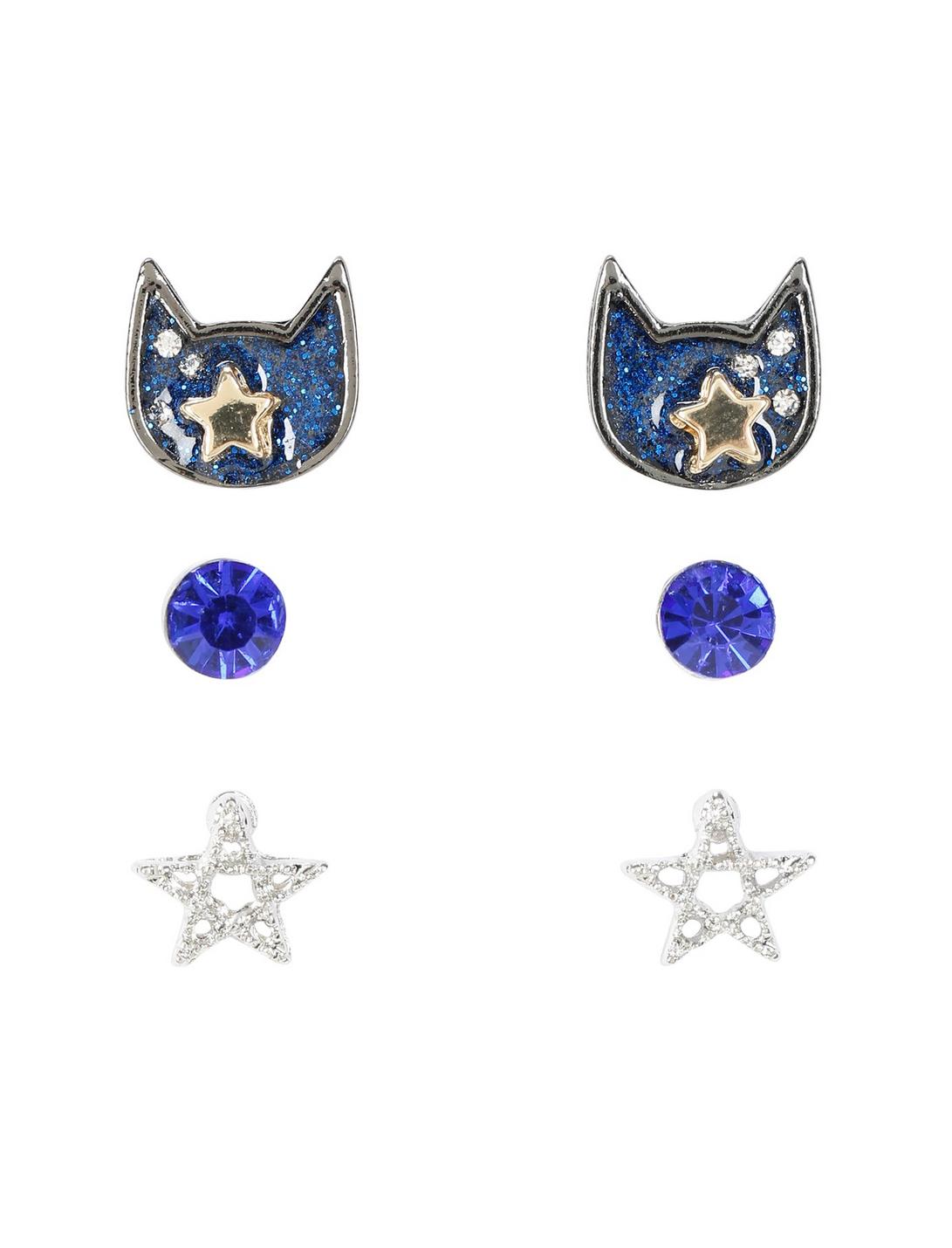 Blue Glitter Cat & Star Earring Set, , hi-res