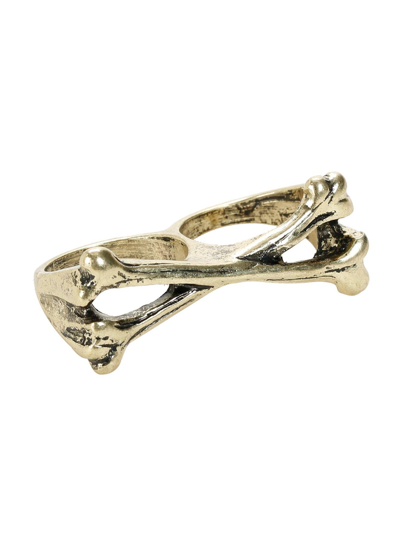 Gold Burnished Crossbone 2-Finger Ring, , hi-res