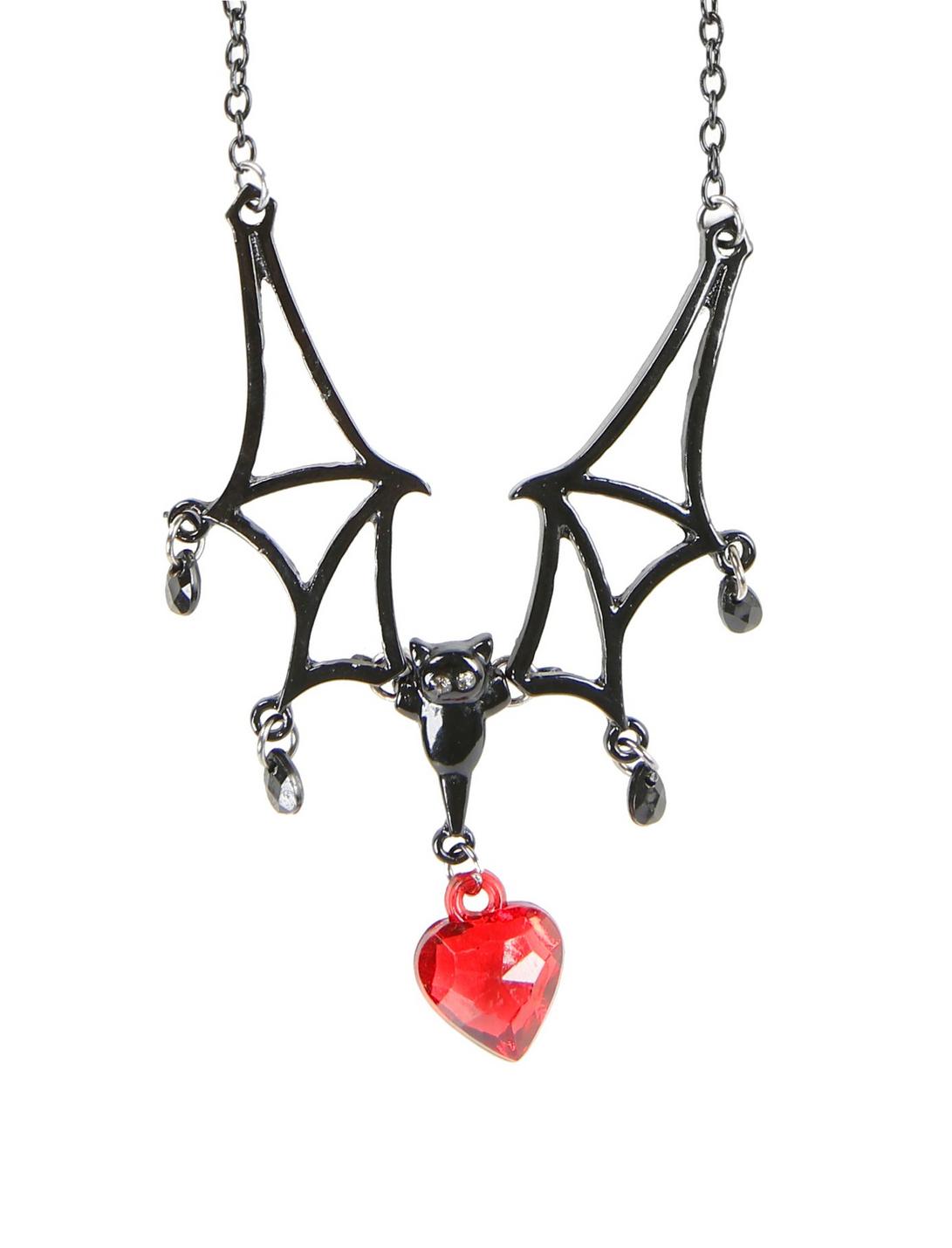Black Bat & Red Heart Drop Necklace, , hi-res