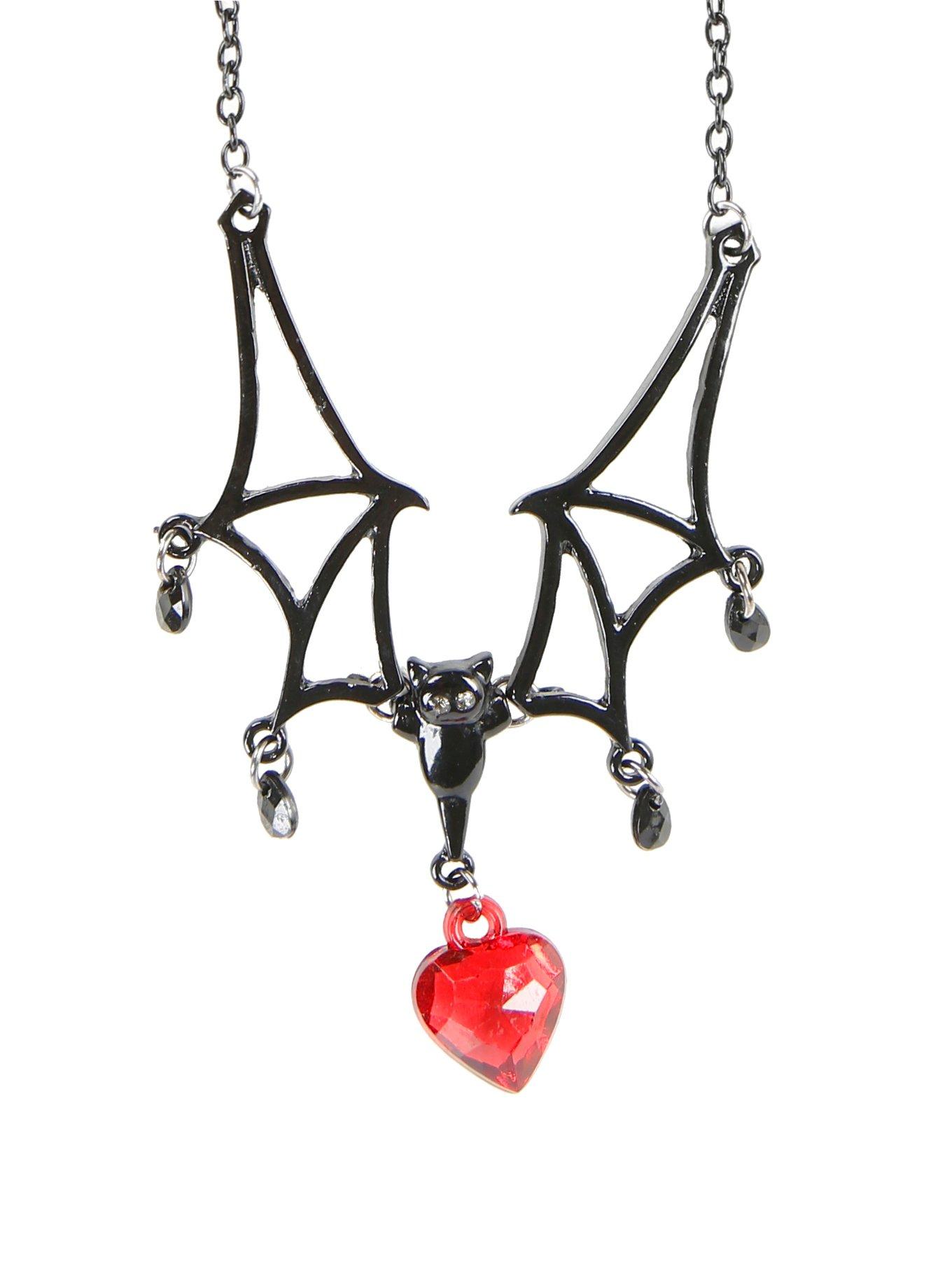 Black Bat & Red Heart Drop Necklace, , hi-res