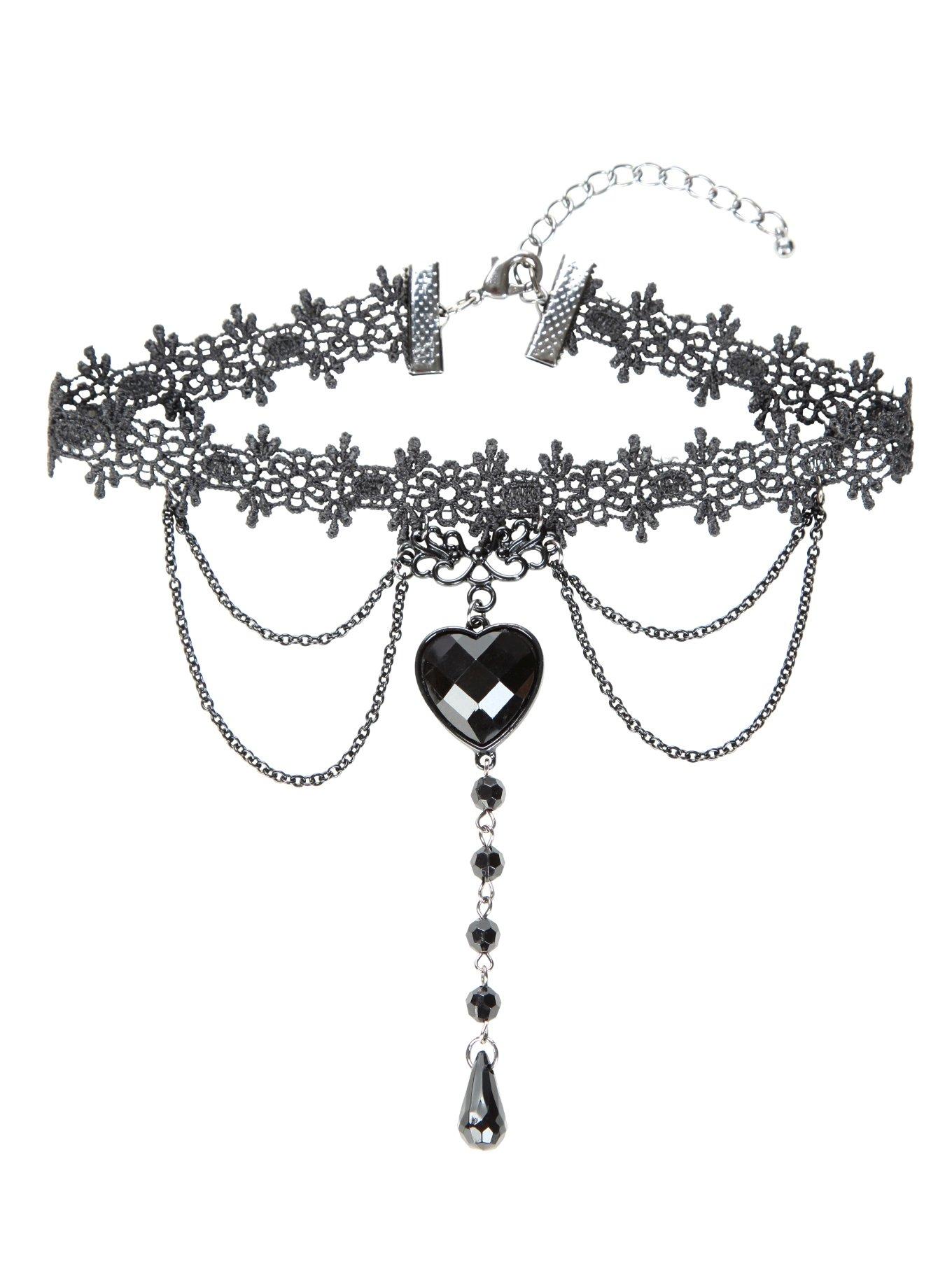 Black Heart Drop & Lace Choker, , hi-res