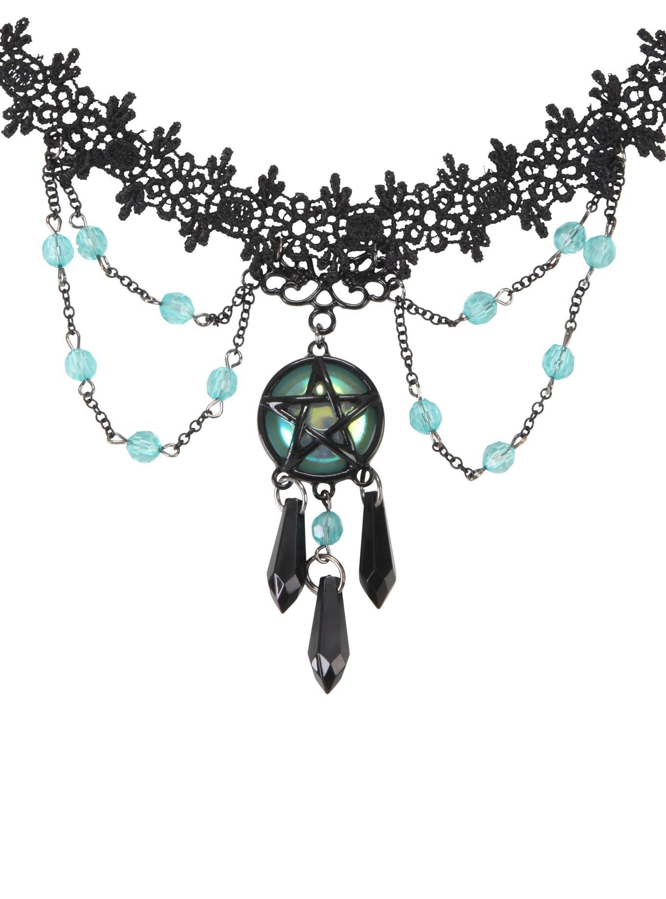 Teal & Black Pentagram & Crystal Lace Choker, , hi-res