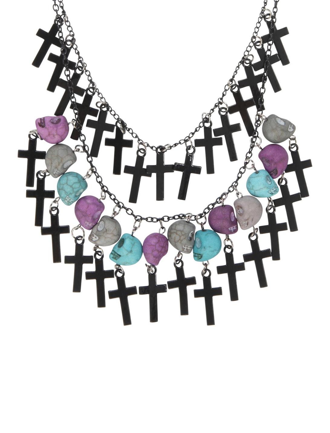 Black Cross & Teal Purple & Grey Skull Layered Necklace, , hi-res