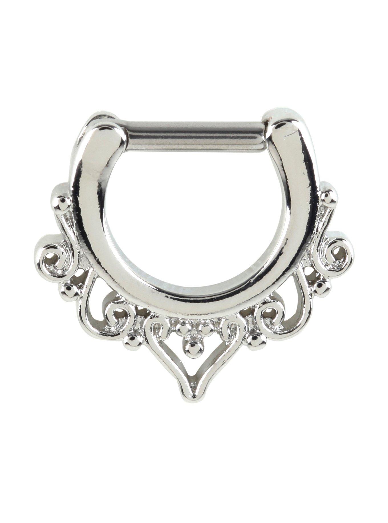 Filigree Heart Septum Clicker, SILVER, hi-res