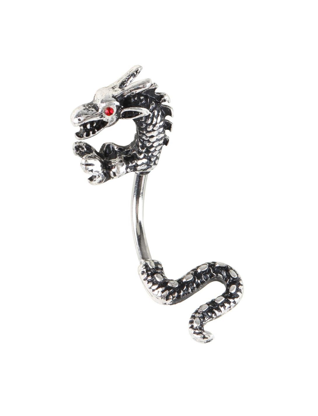 14G Steel Head & Tail Dragon Navel Barbell, , hi-res