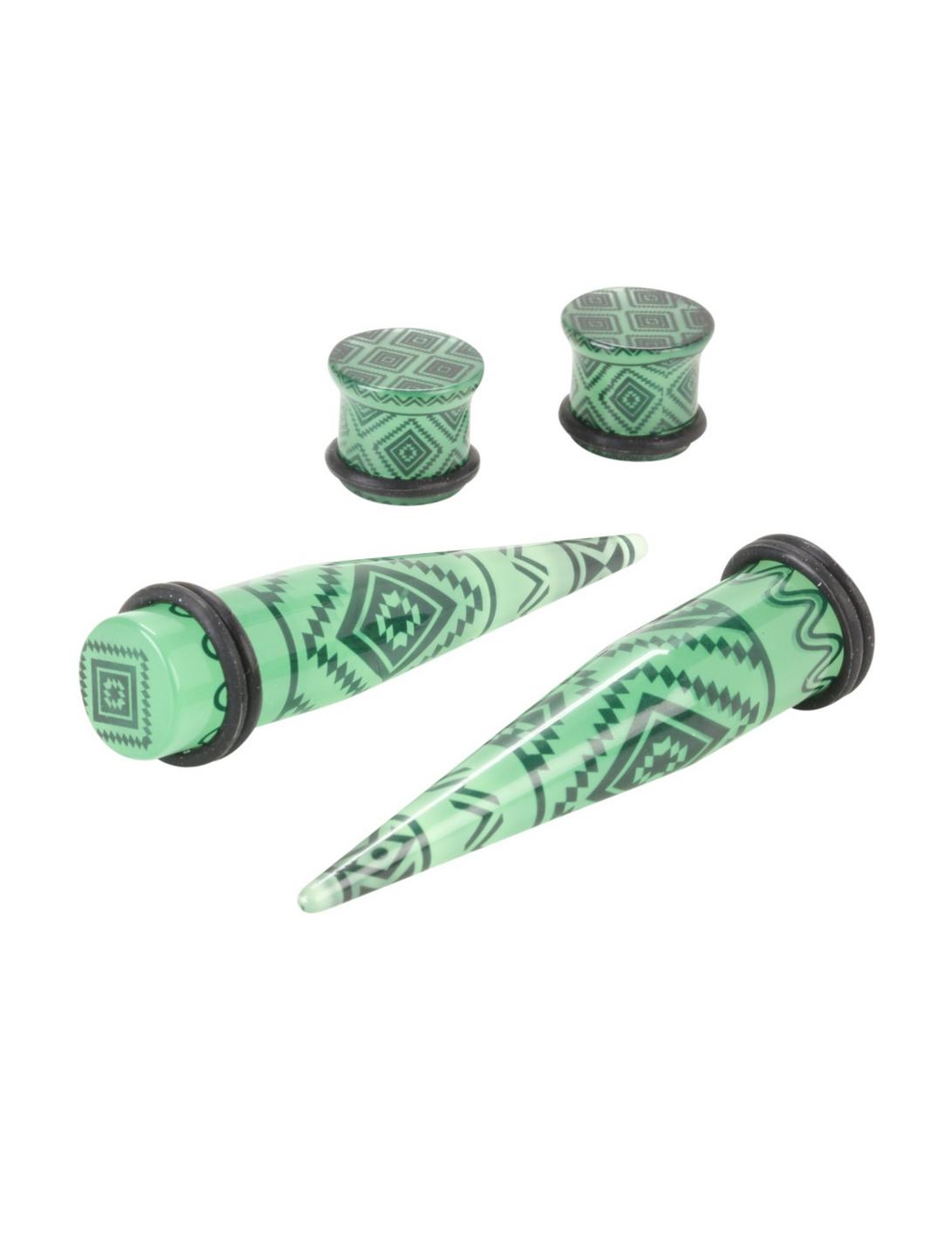 Acrylic Green Aztec Glow Taper & Plug 4 Pack, GREEN, hi-res