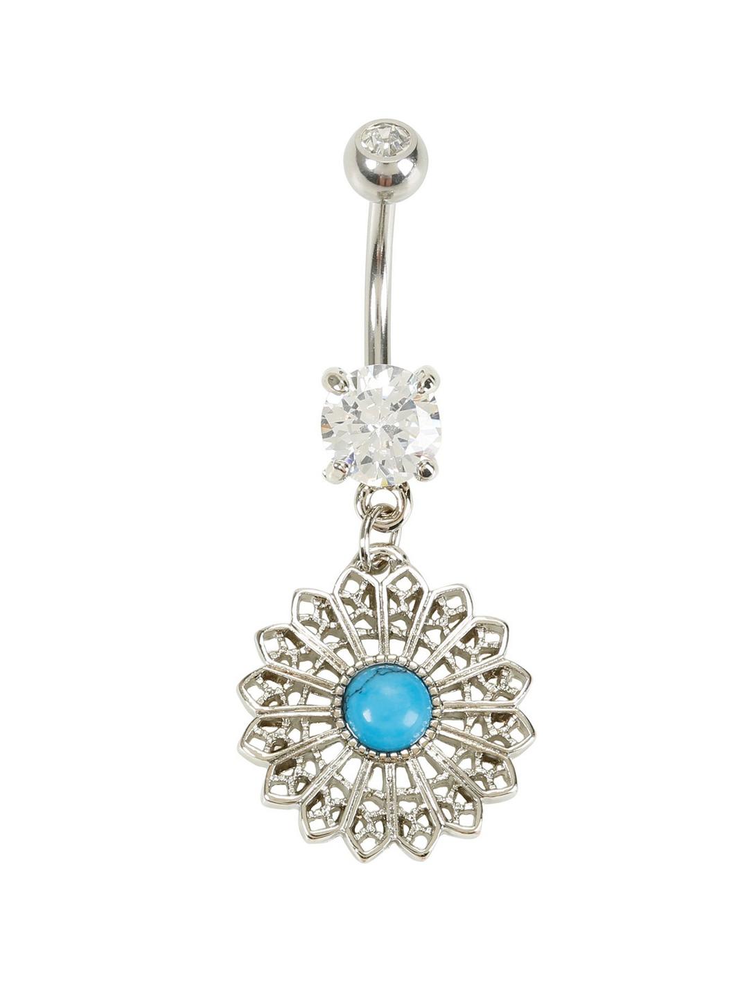 14G Steel Turquoise Cut-Out Flower Navel Barbell, , hi-res