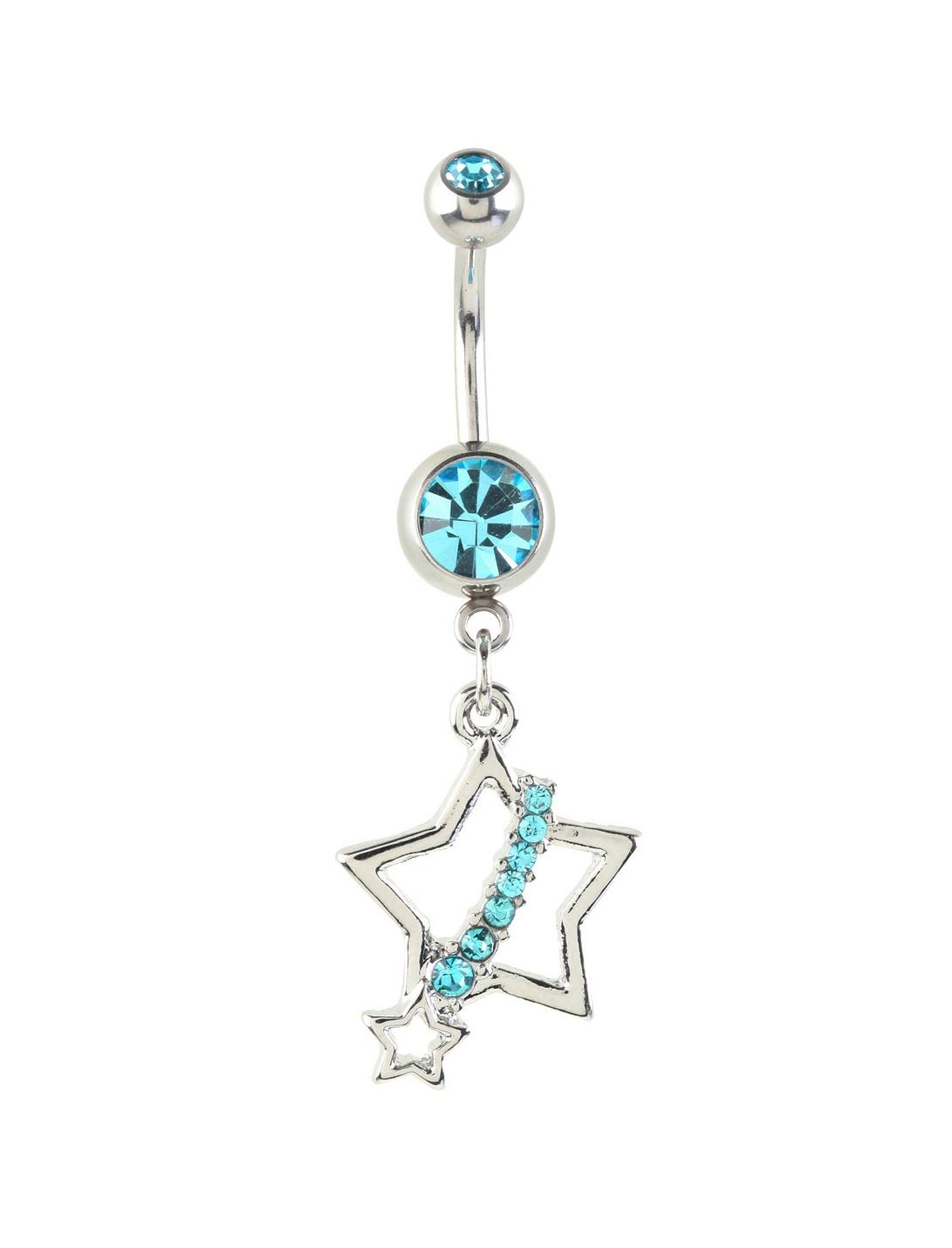 14G Steel Turquoise CZ Shooting Star Navel Barbell, , hi-res