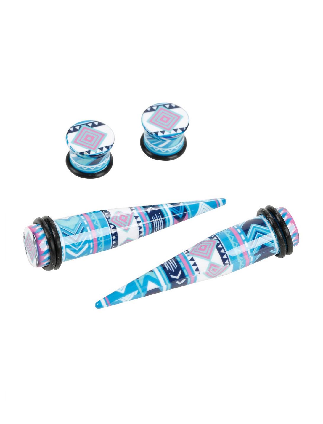 Acrylic White & Blue Geometric Taper And Plug 4 Pack, BLUE, hi-res