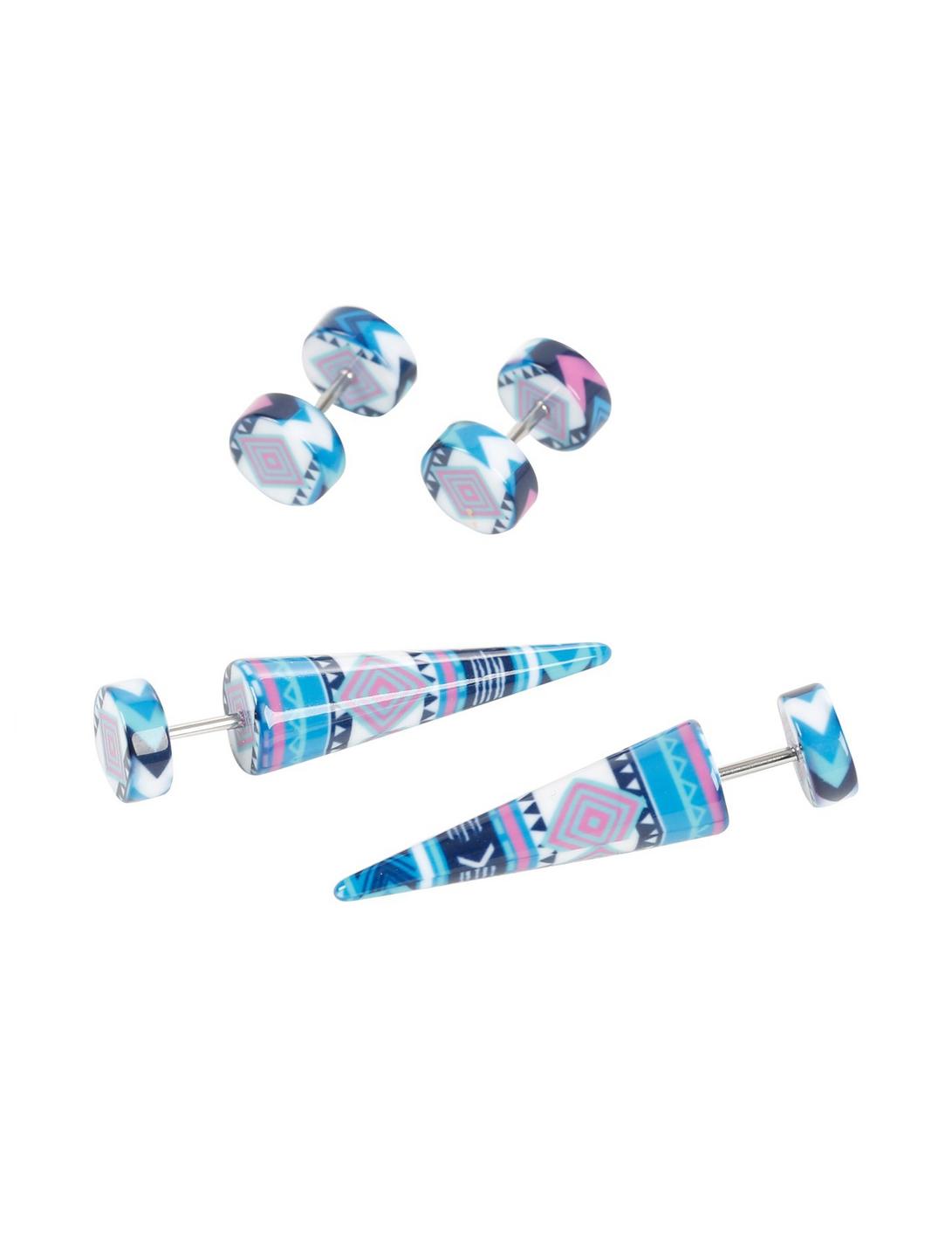 Acrylic White & Blue Geometric Aztec Faux Taper And Plug 4 Pack, , hi-res