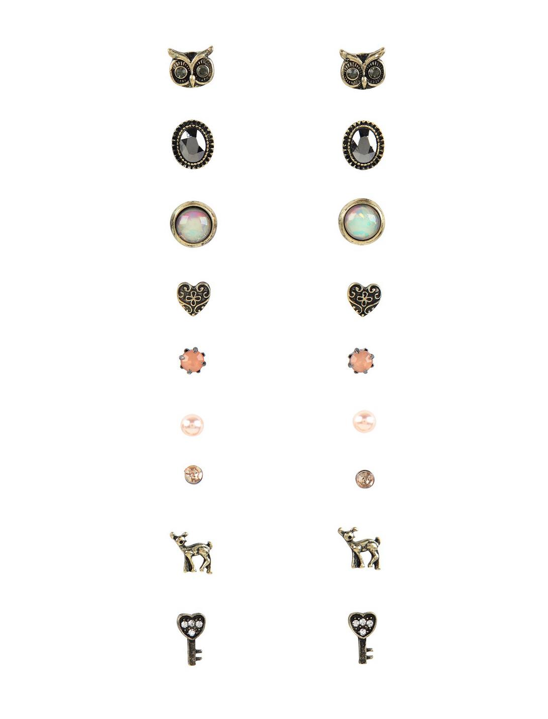 Gold Tone Owl And Deer Stud Earrings Set, , hi-res