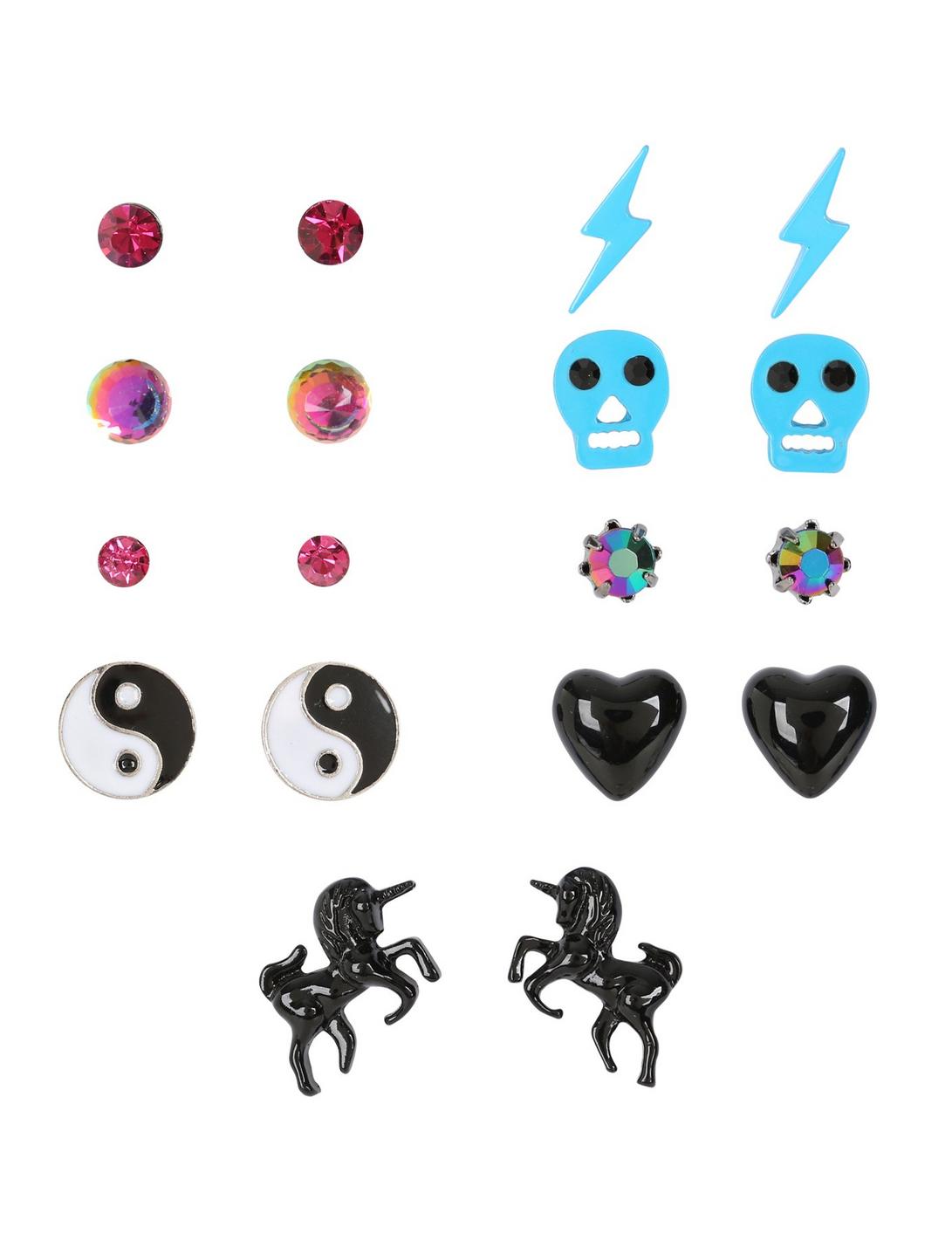 Blackheart Unicorn Skull & Yin-Yang Stud Earring Set, , hi-res