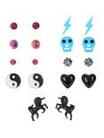 Blackheart Unicorn Skull & Yin-Yang Stud Earring Set, , hi-res