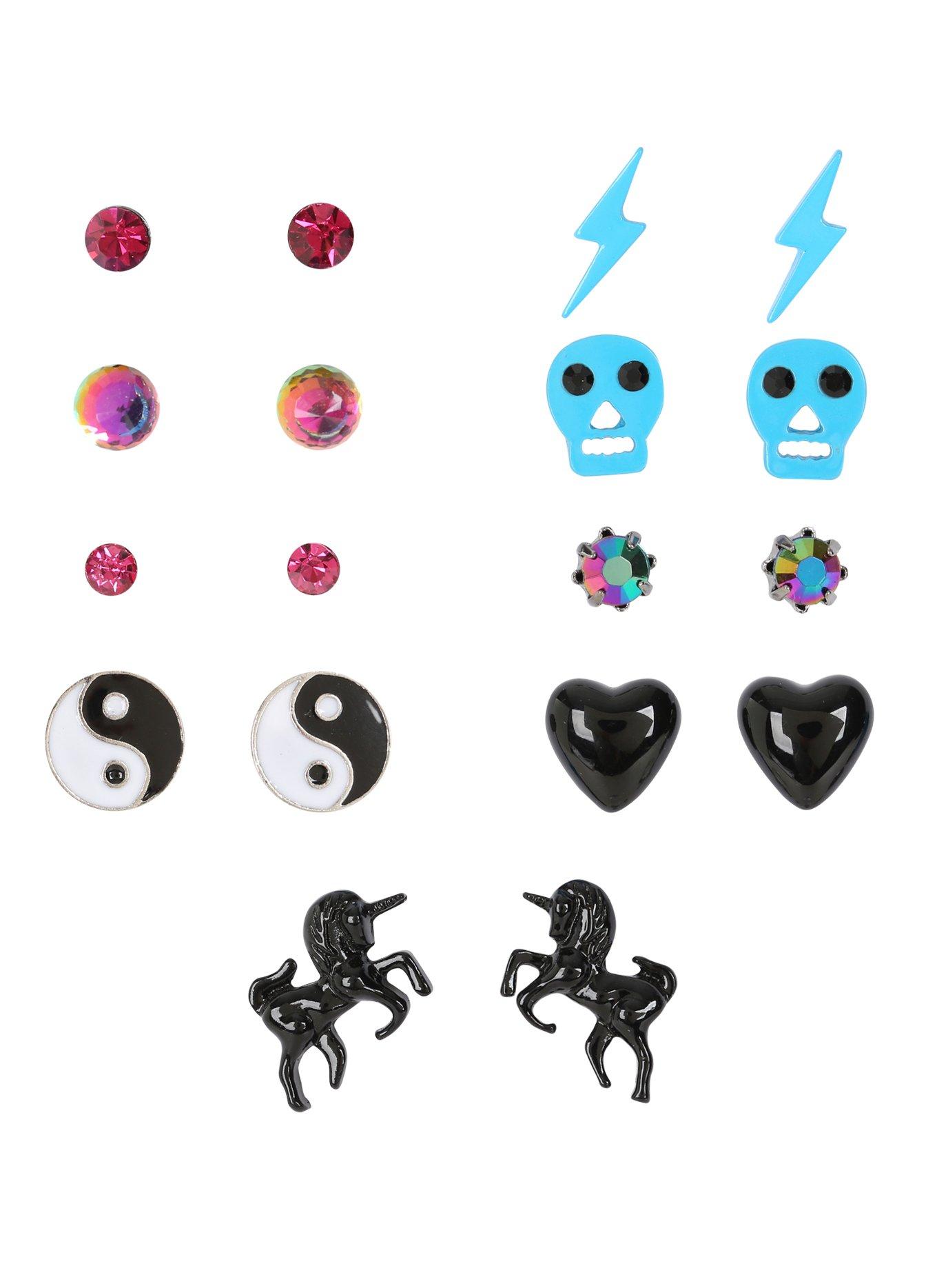 Blackheart Unicorn Skull & Yin-Yang Stud Earring Set, , hi-res