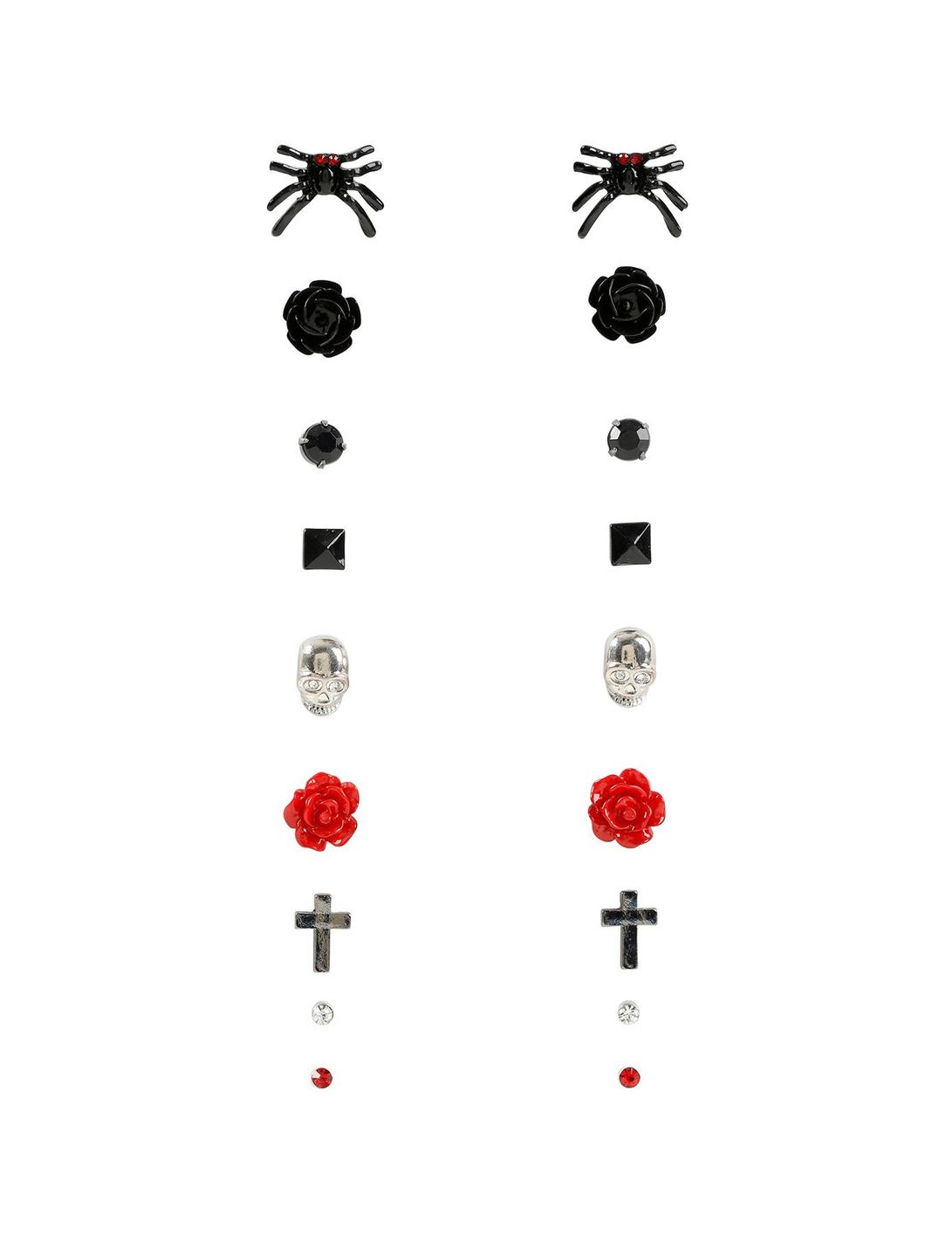Blackheart Black Red & Silver Spider & Roses Stud Earring Set, , hi-res