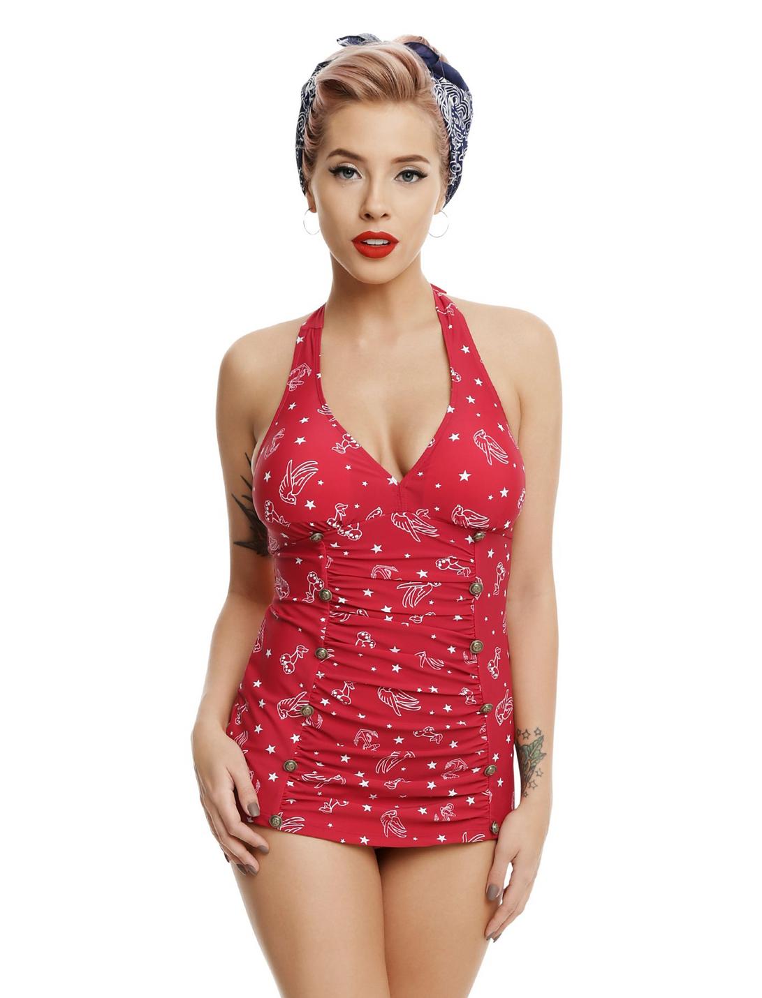 Anchor & Swallows Red Halter Swimsuit, RED, hi-res