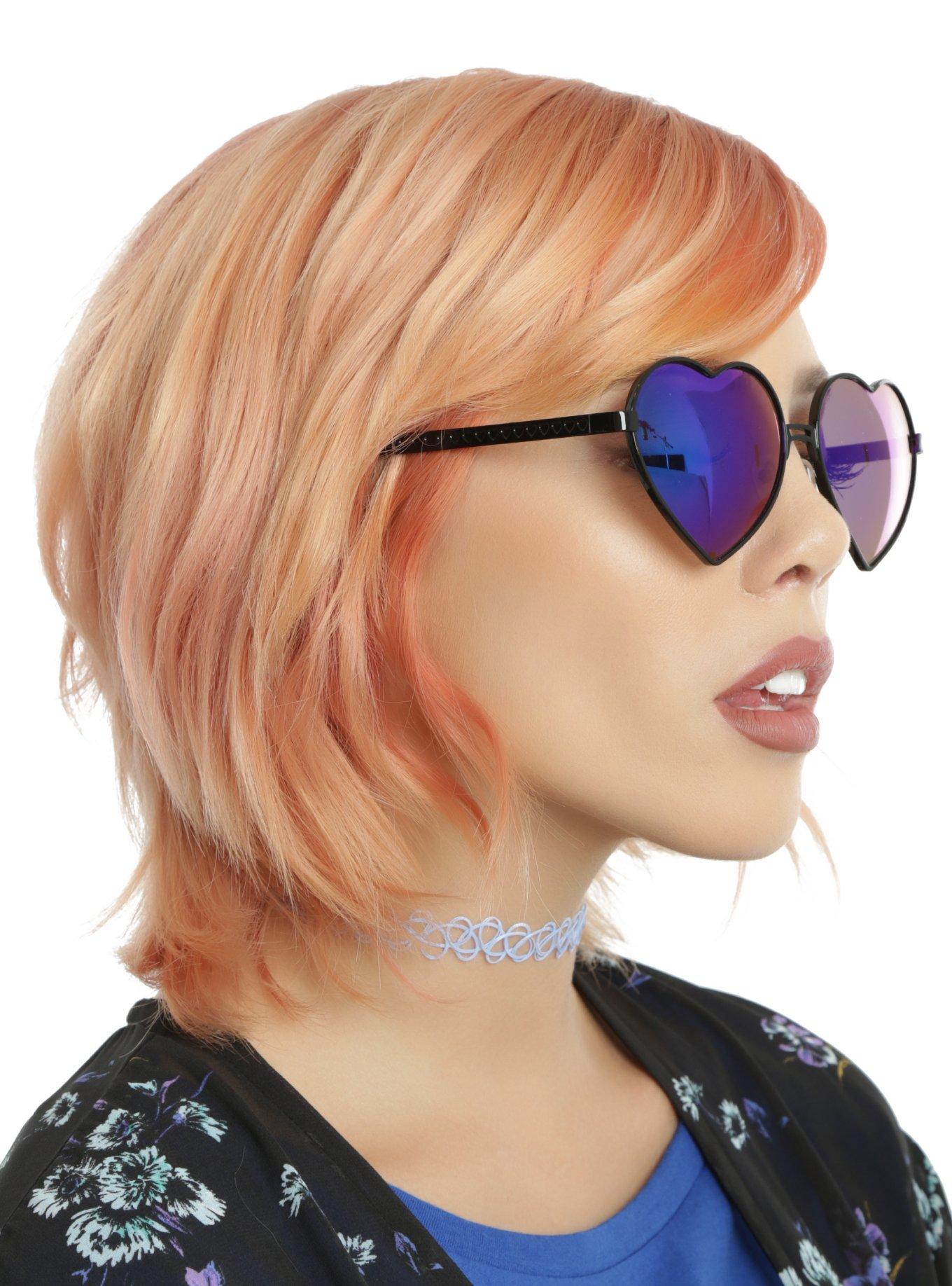 Black Metal Blue Mirror Heart Frame Sunglasses, , hi-res
