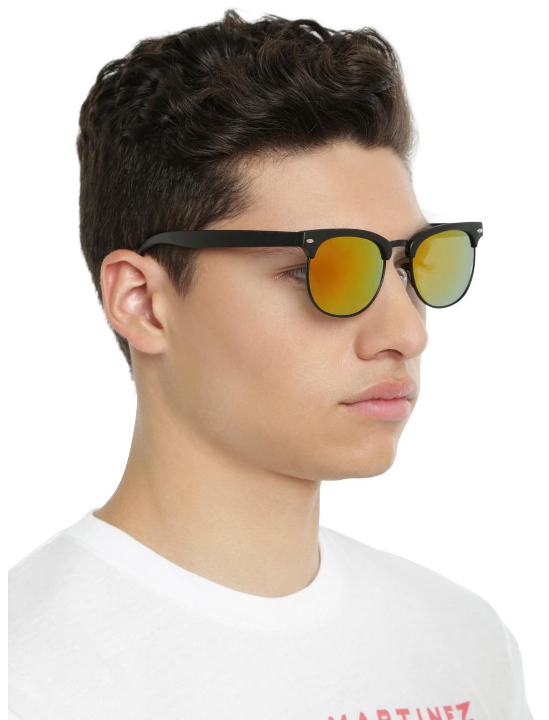 Black Matte Half Frame Red Reflective Lens Sunglasses, , hi-res