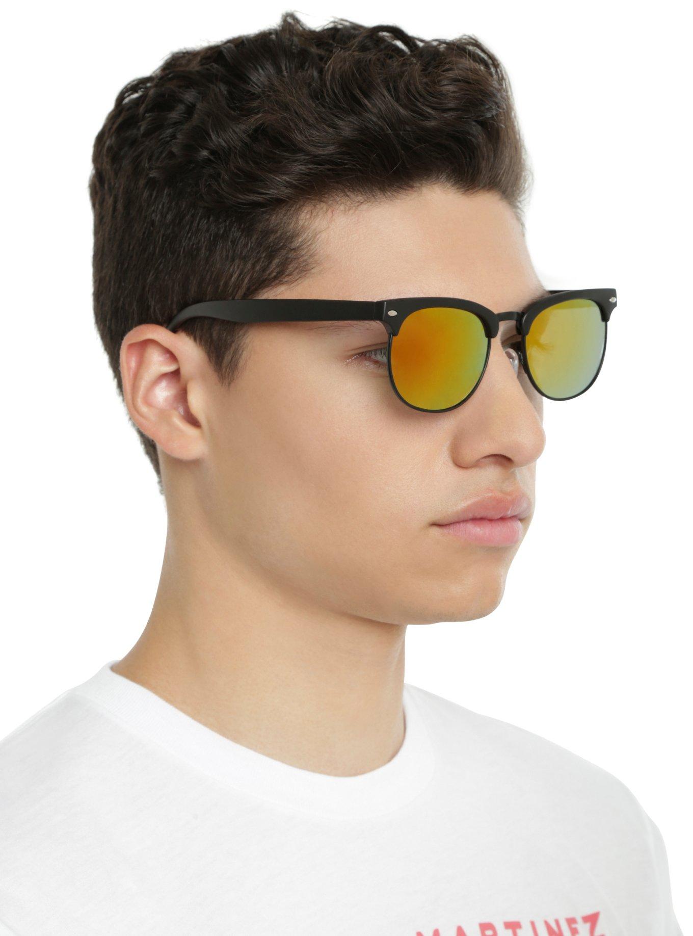 Black Matte Half Frame Red Reflective Lens Sunglasses, , hi-res