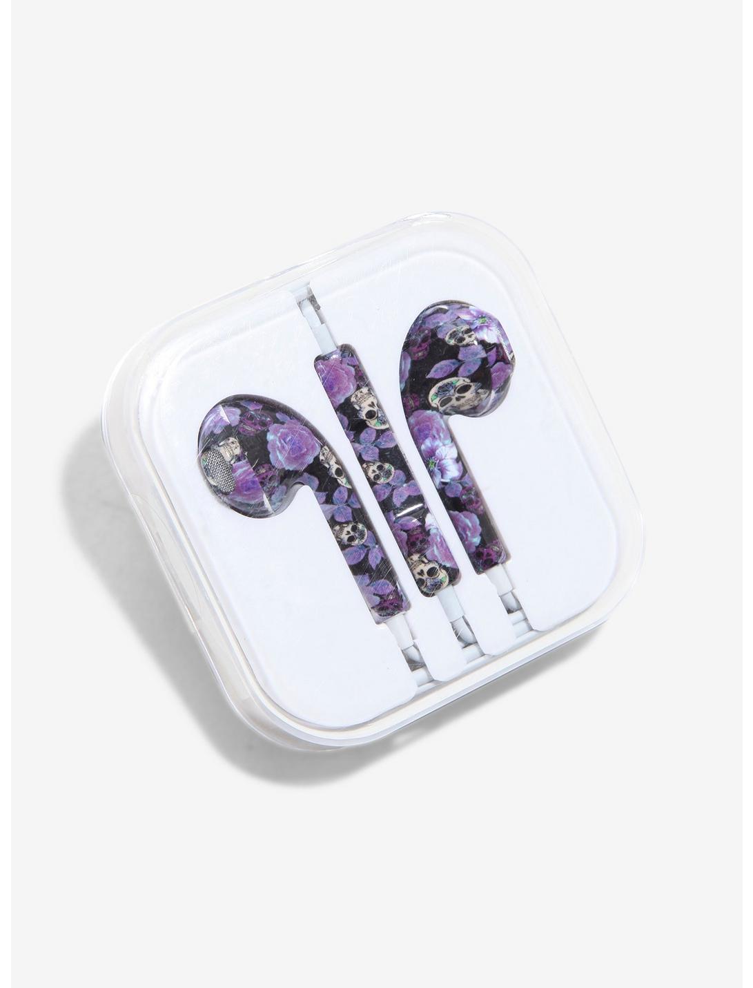 Dia De Los Muertos Purple Skull Earbuds, , hi-res