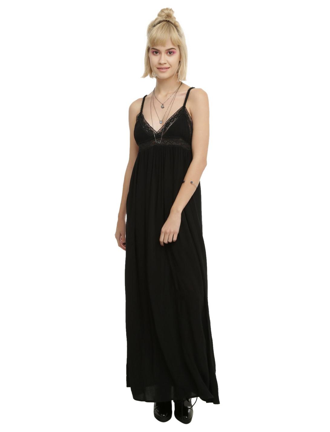 Black Lace Trim Maxi Dress, BLACK, hi-res