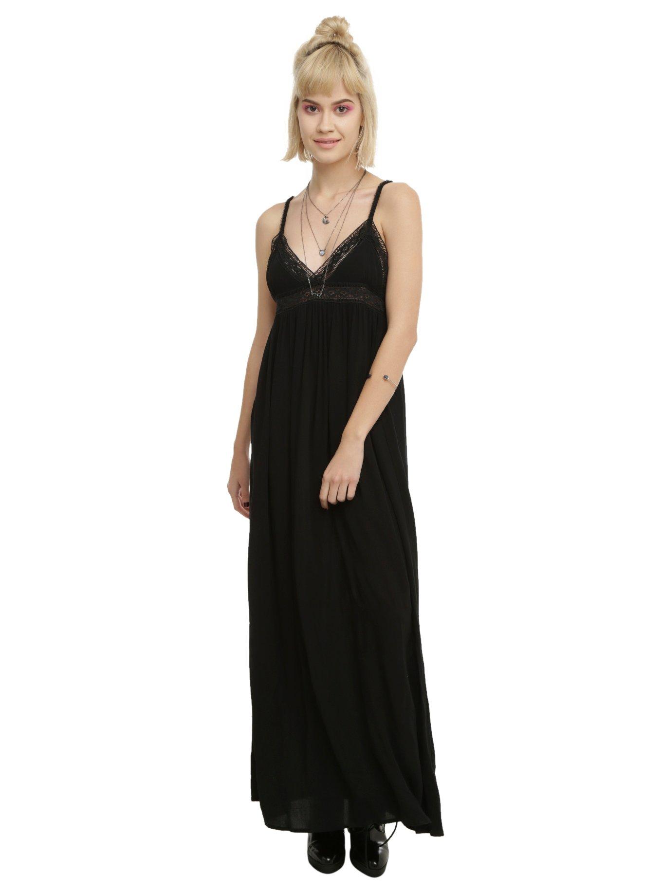 Black Lace Trim Maxi Dress, BLACK, hi-res