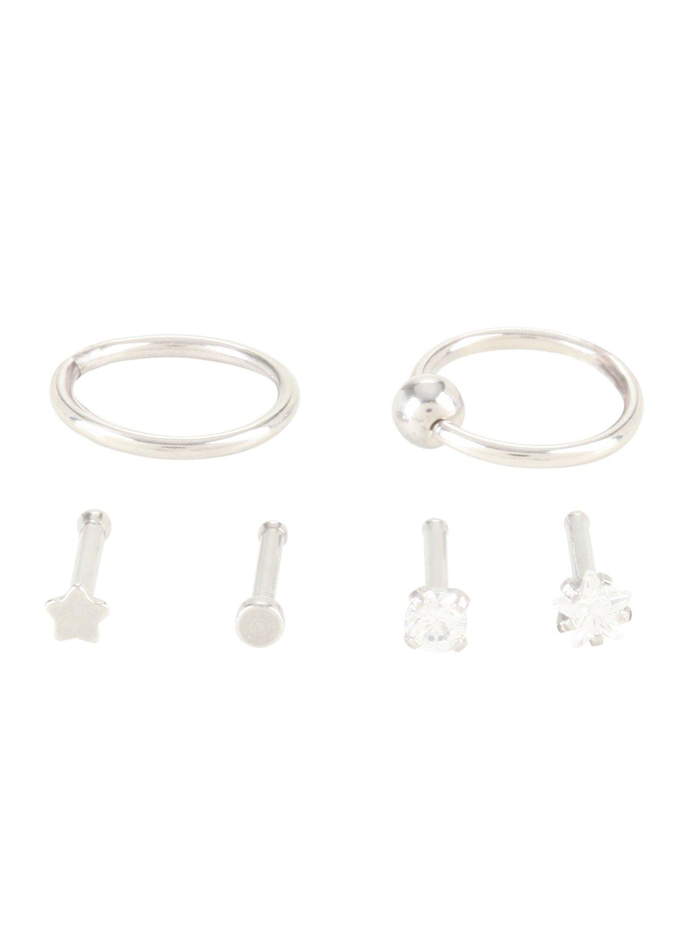 Steel Clear Prong Nose Stud & Hoop 6 Pack, SILVER, hi-res