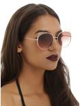 Gold Thin Frame Cat Ear Cut Out Round Sunglasses, , hi-res