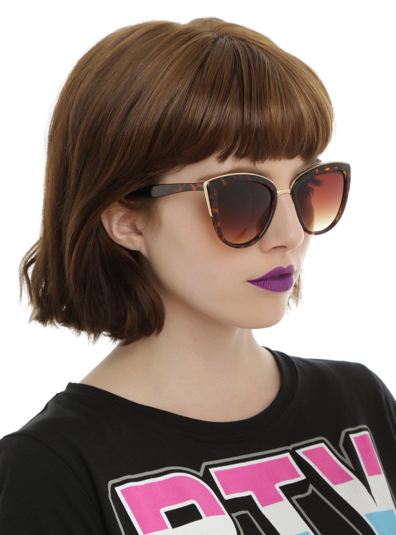 Tortoise Gold Accent Metal Bridge Cat Eye Sunglasses, , hi-res