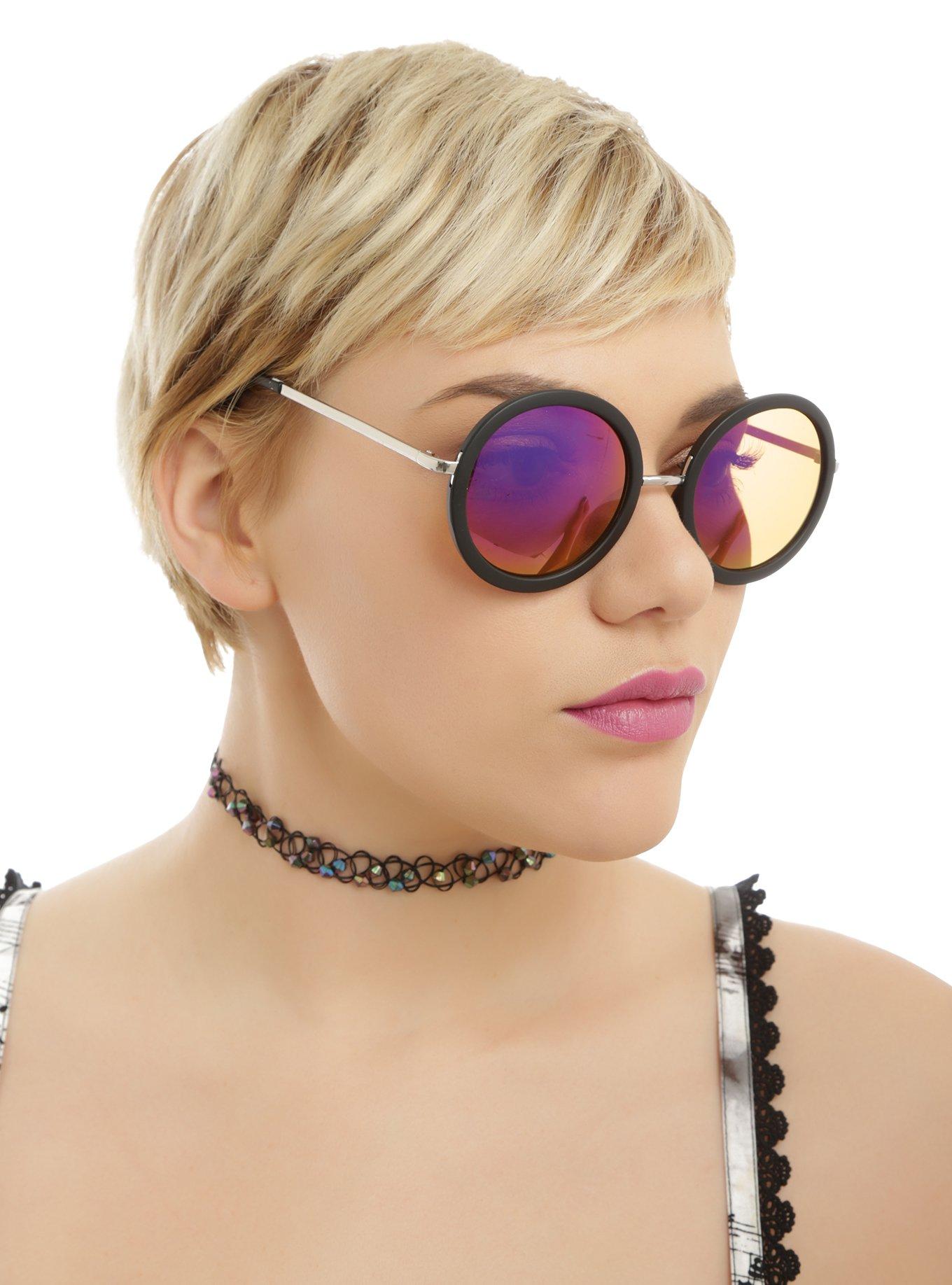 Round Matte Black Flash Lens Sunglasses, , hi-res