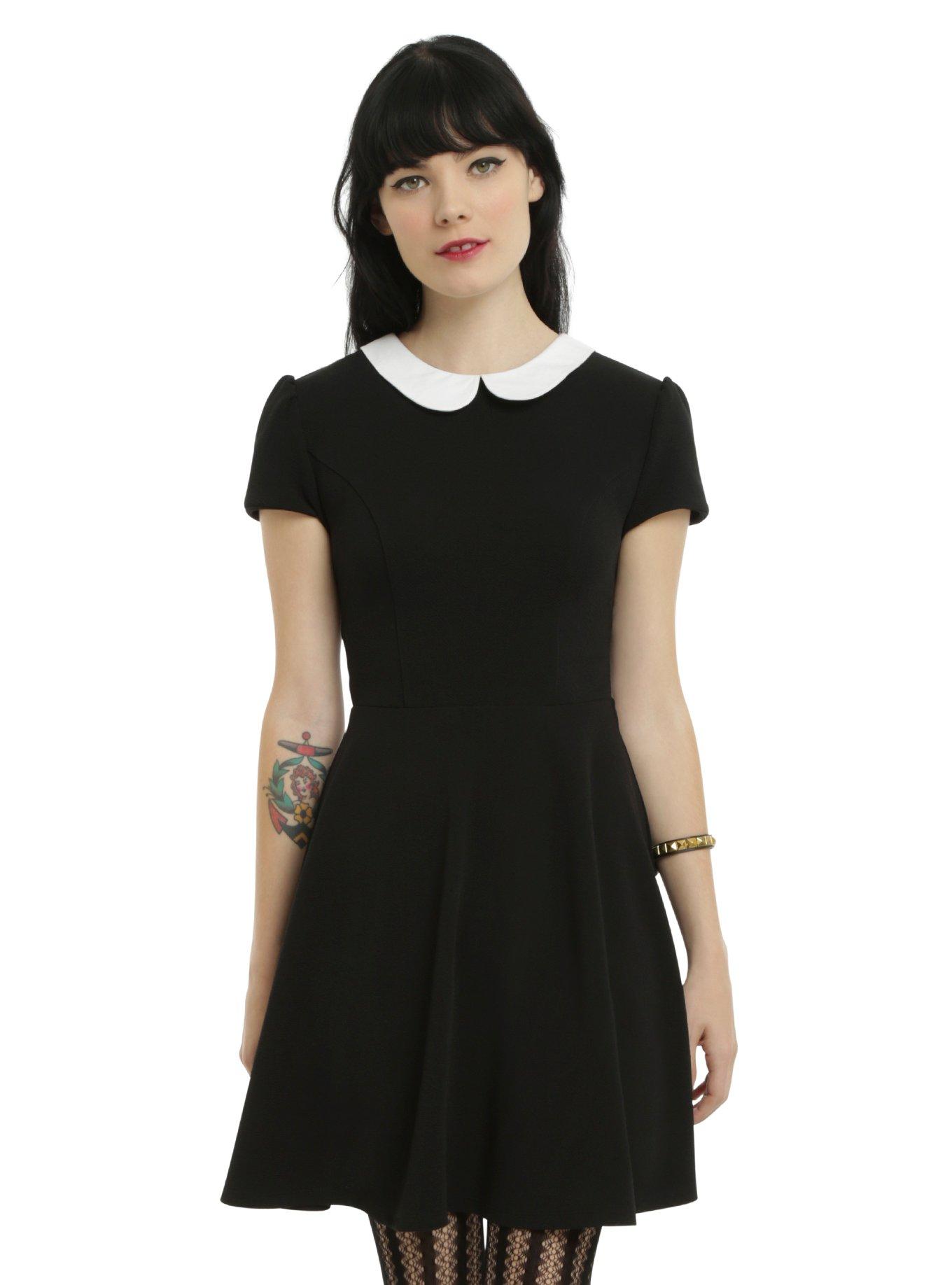 Black Textured White Collar Dress, BLACK, hi-res