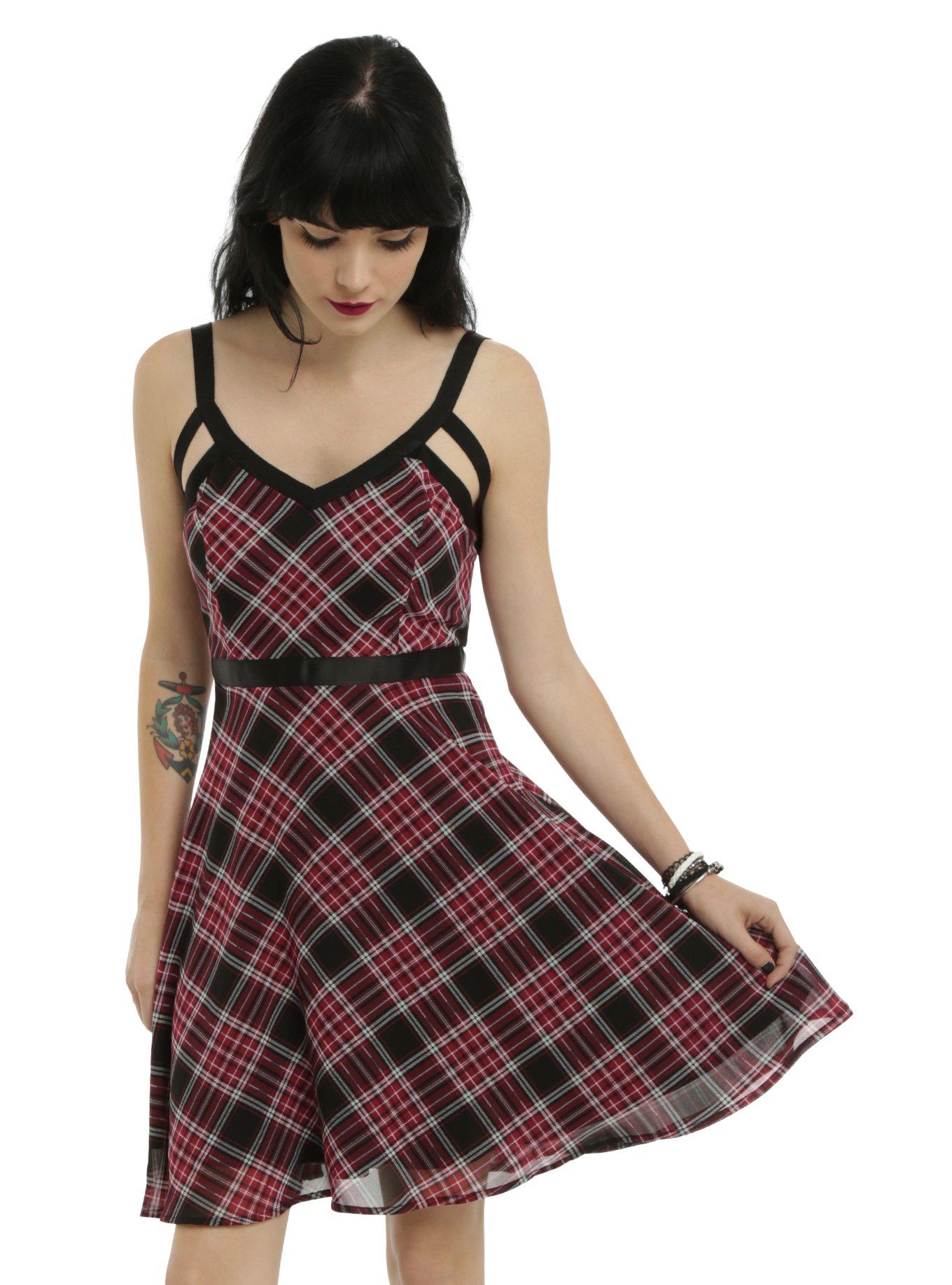 Plaid Fit & Flare Dress, RED, hi-res