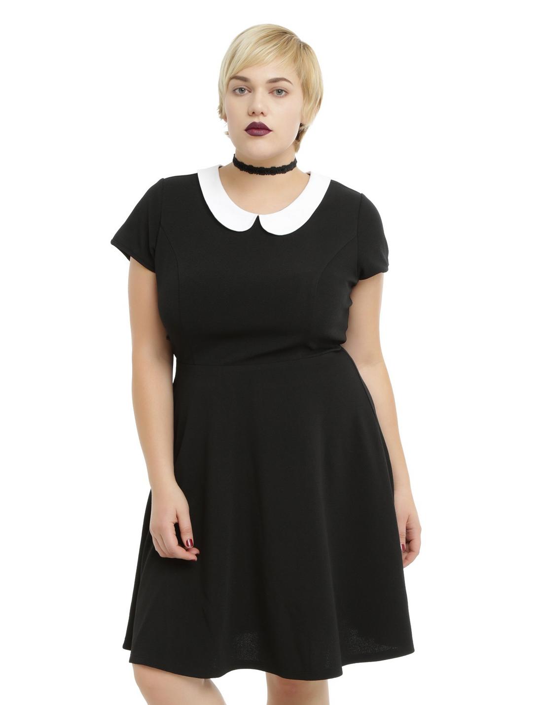 Black Textured White Collar Dress Plus Size, BLACK, hi-res