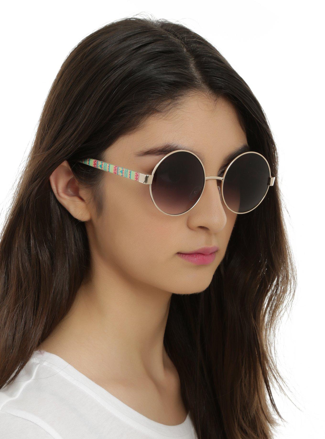 Bright Aztec Arm Gold Frame Round Sunglasses, , hi-res