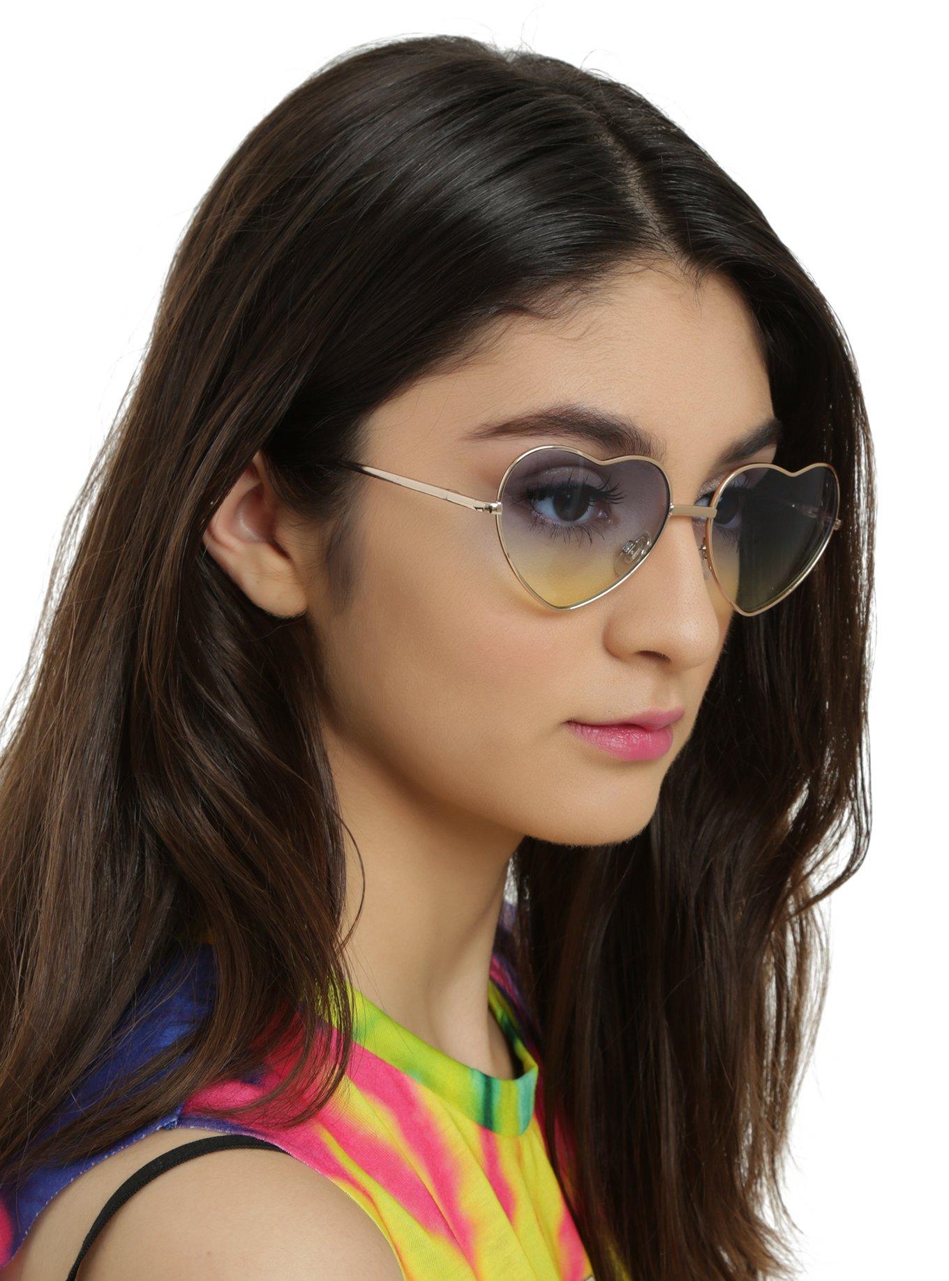 Blue & Yellow Lens Gold Heart Frame Sunglasses, , hi-res