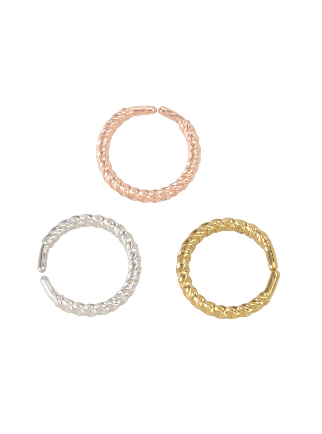 Steel Gold Silver & Rose Gold Textured Nose Hoop 3 Pack, GOLD, hi-res