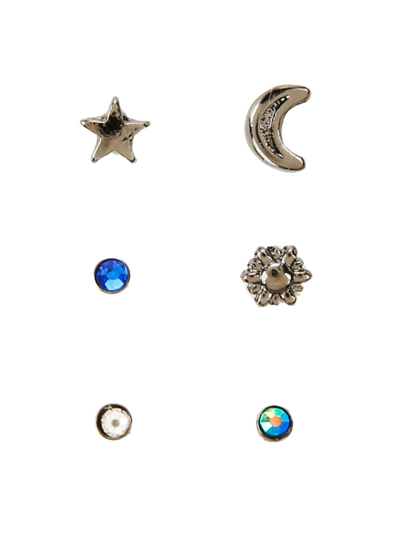 Steel Hematite Sun & Moon Nose Stud 6 Pack, BLACK, hi-res