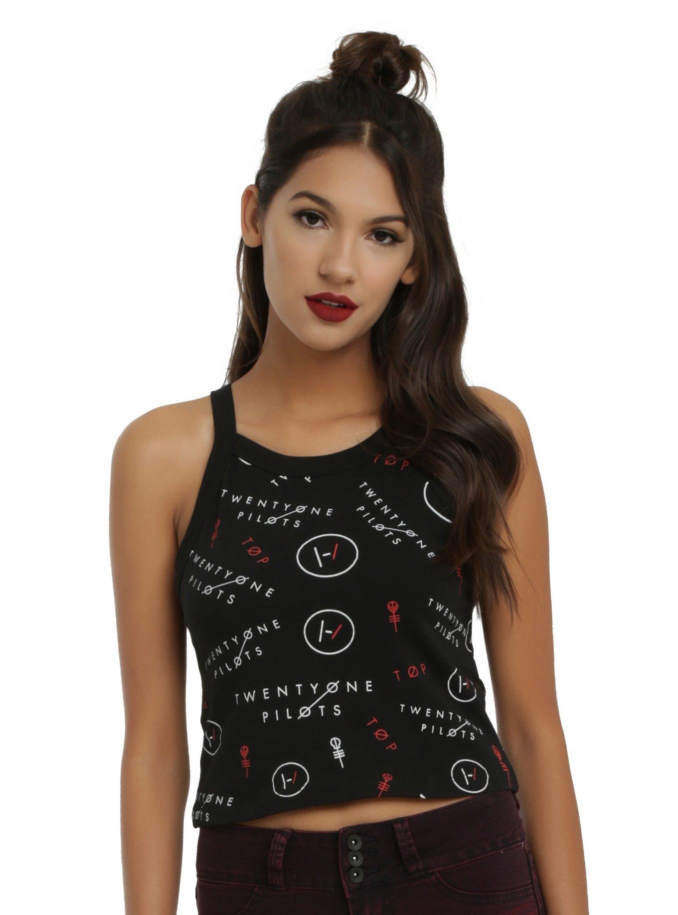 Twenty One Pilots Symbols Girls Halter Tank Top, BLACK, hi-res