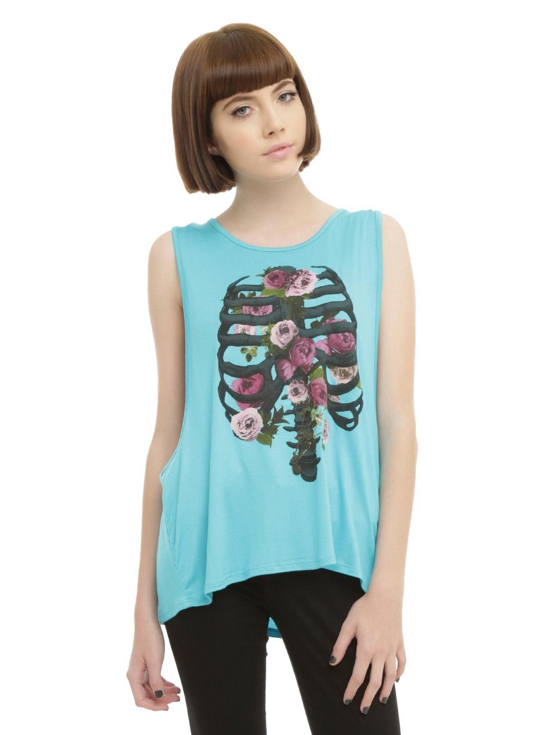 Rib Cage Floral Drop Arm Girls Tank Top, TURQUOISE, hi-res