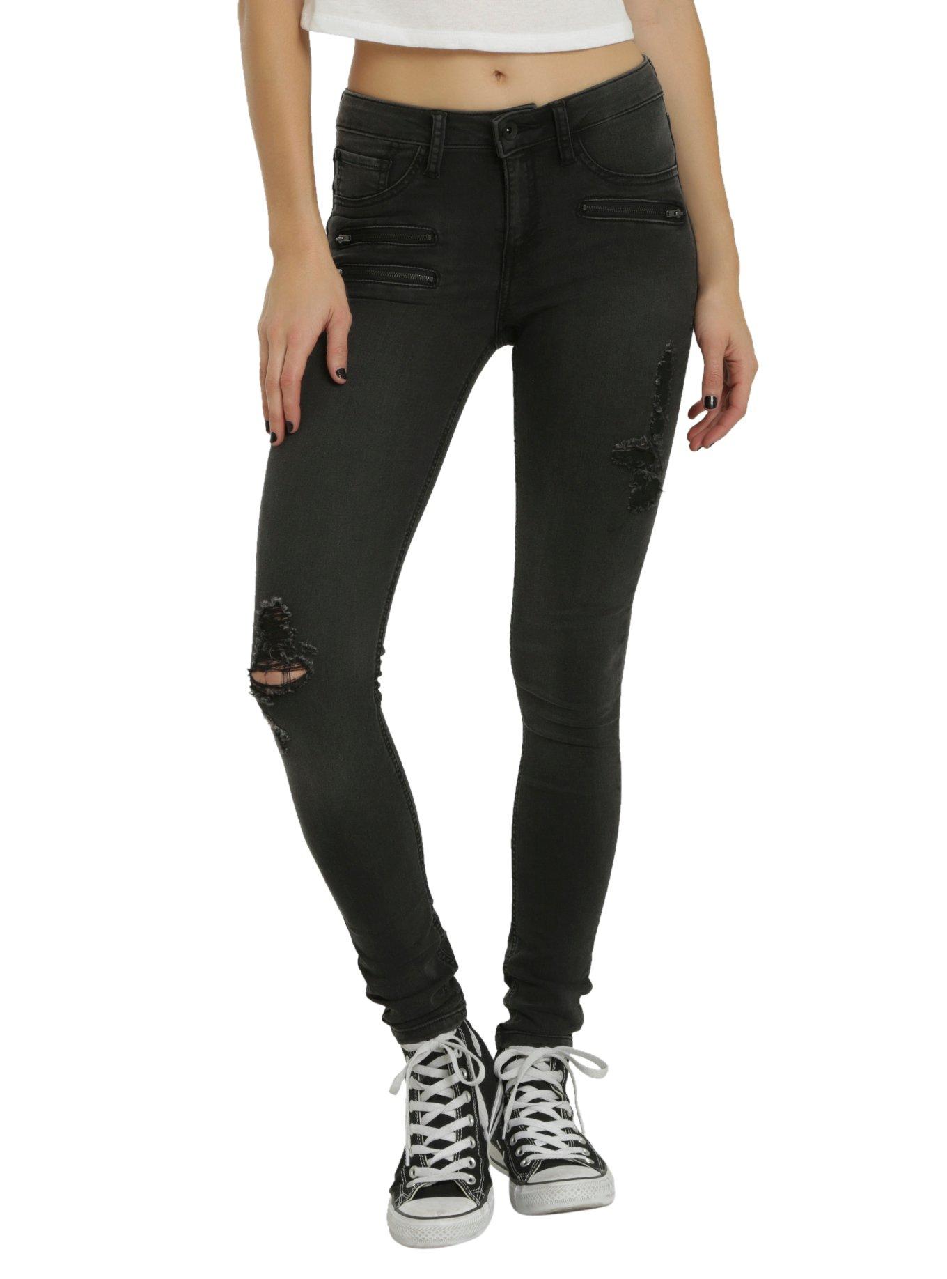 Blackheart Black Zipper Deconstructed Stingerette Jeans, BLACK, hi-res