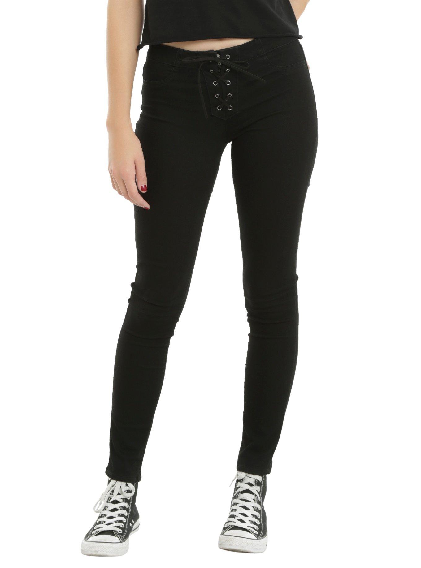 Blackheart Black Lace-Up Super Skinny Jeans, BLACK, hi-res