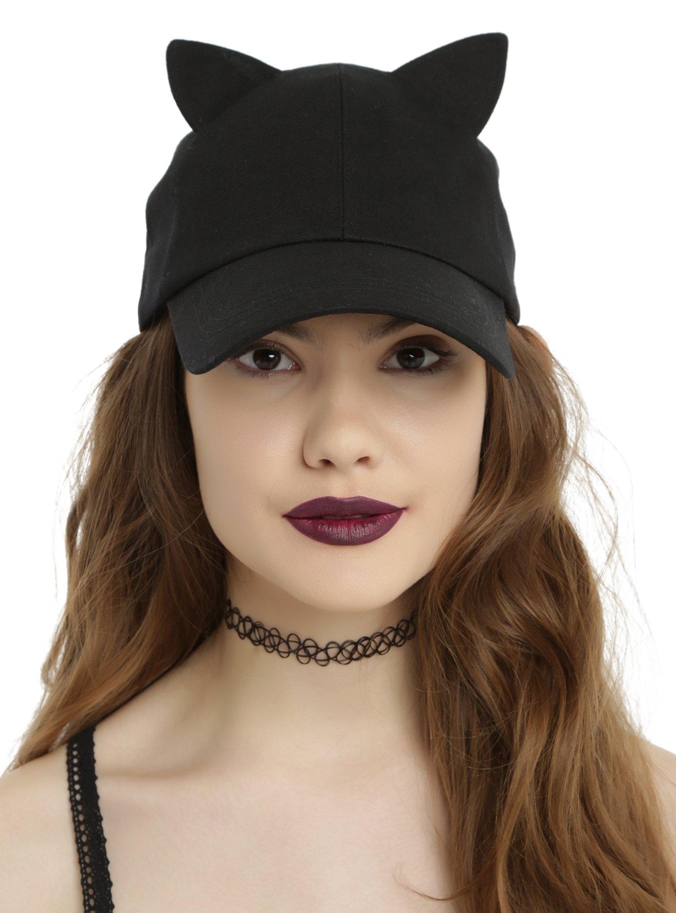 Black Cat Ear Curved Brim Ball Cap, , hi-res