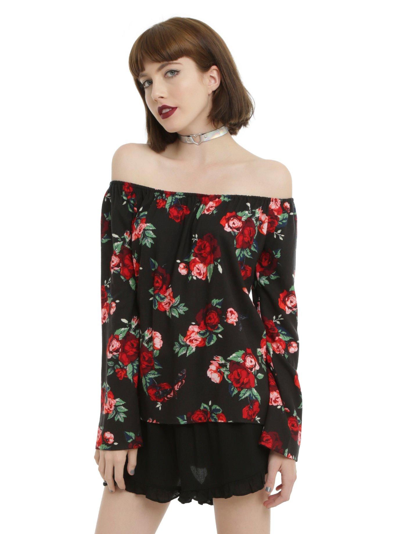 Roses Off-The-Shoulder Long Sleeve Girls Peasant Top, BLACK, hi-res