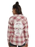 Pink & Ivory Plaid Lace Sugar Skull Girls Woven Button-Up, RED, hi-res