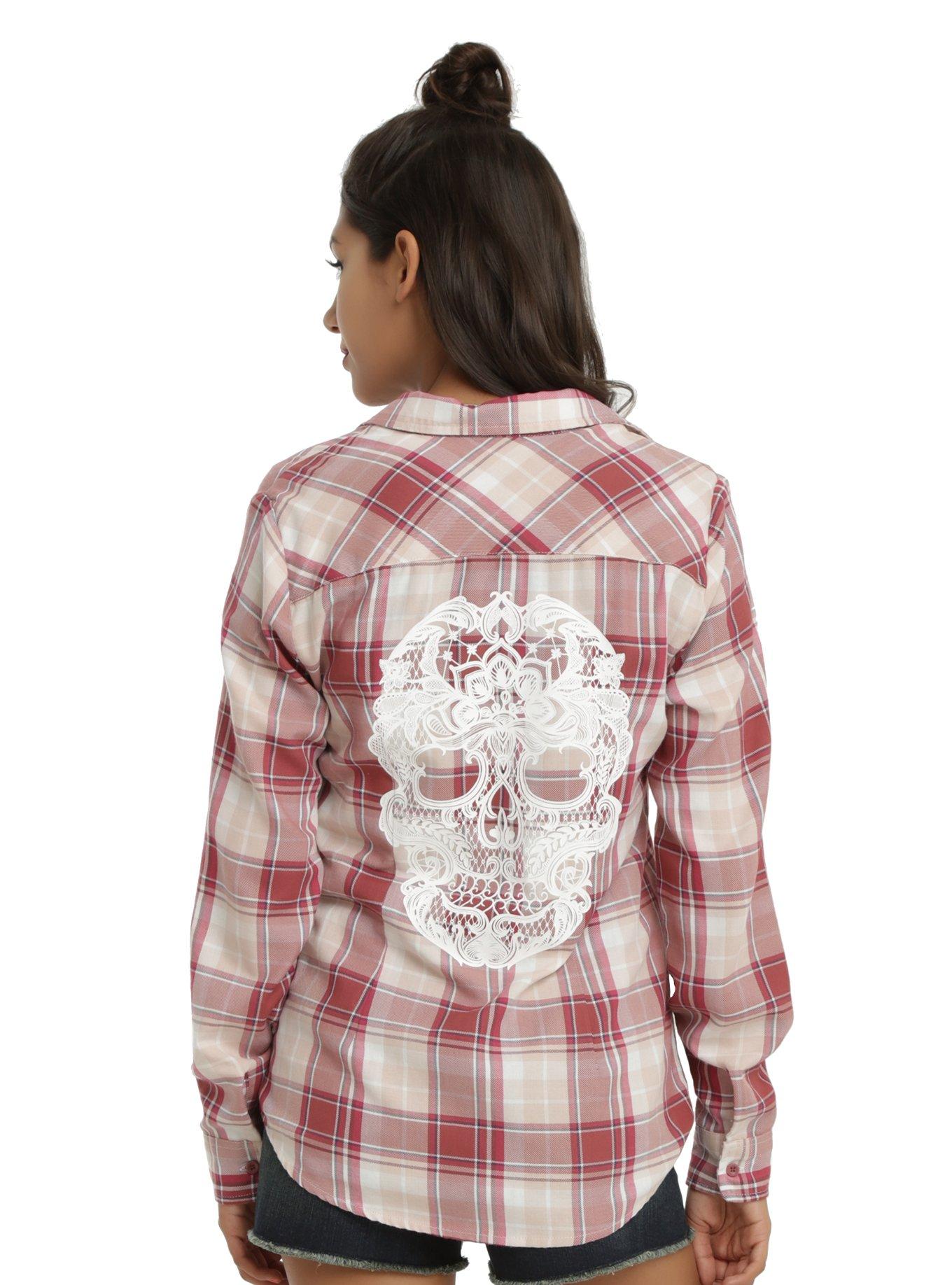 Pink & Ivory Plaid Lace Sugar Skull Girls Woven Button-Up, RED, hi-res