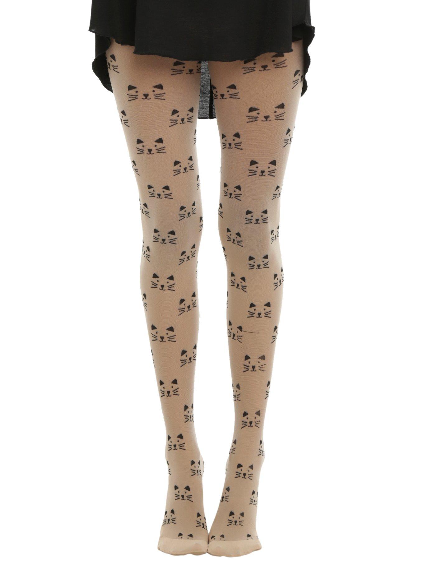 Blackheart Nude Allover Cat Face Tights, NUDE, hi-res