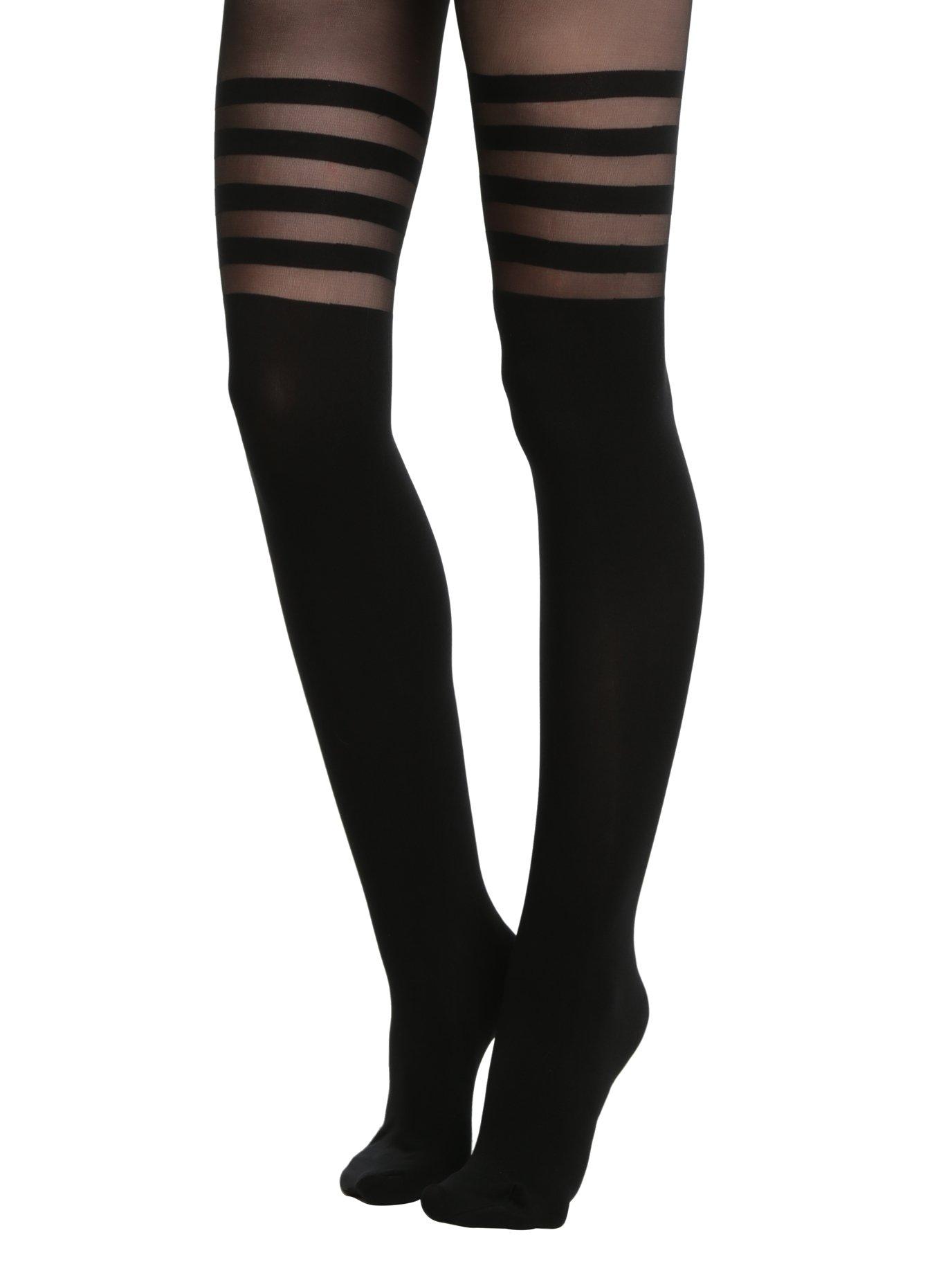 Black Stripes Faux Thigh High Tights, BLACK, hi-res